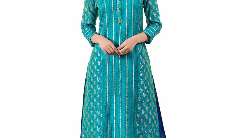 Chanderi Teal Colored Golden Gota Patti Kurta With Indigo Blue Skirt