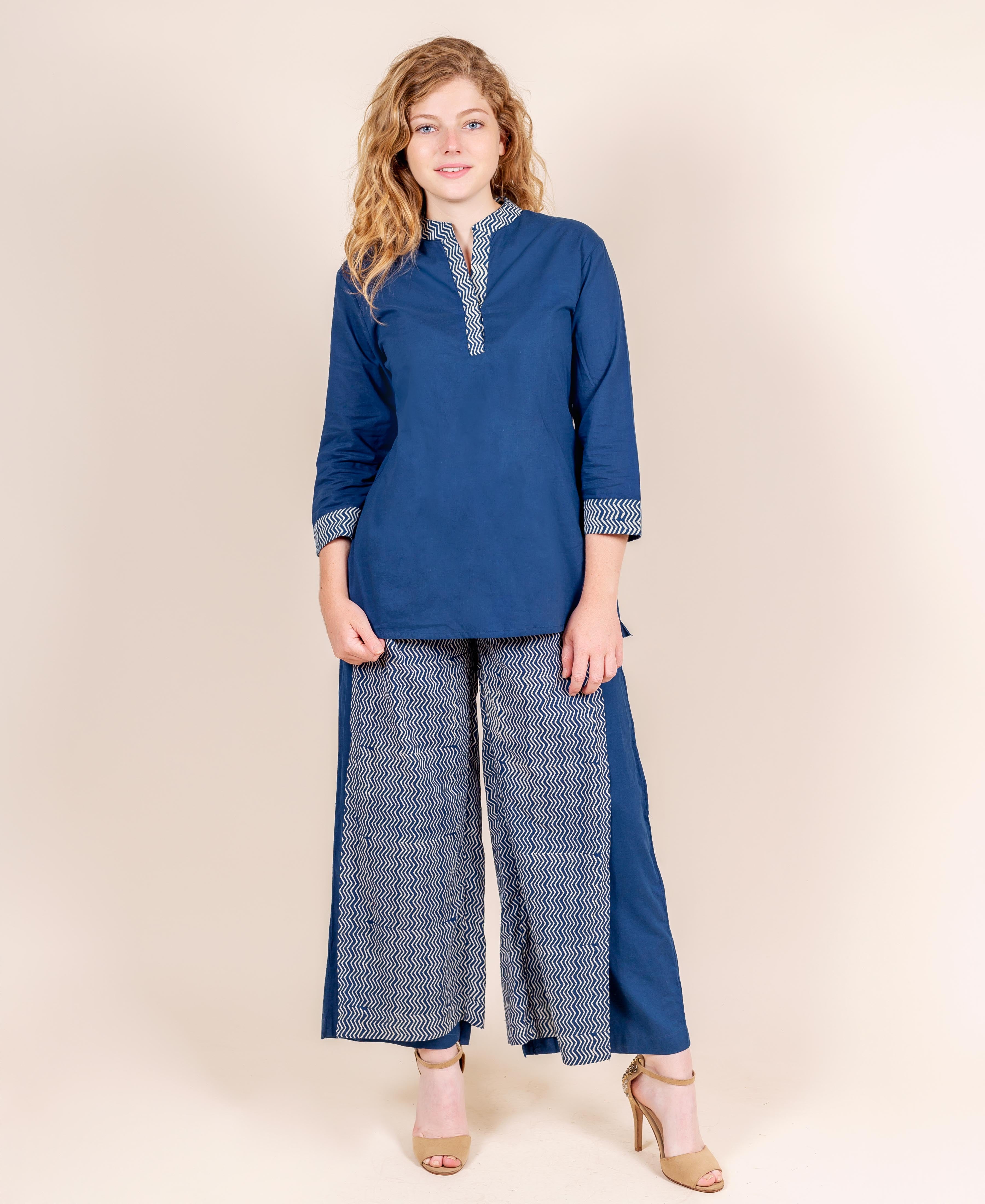 Indigo Print Hand Block Print Kurti with Tasseled Chevron Palazzo