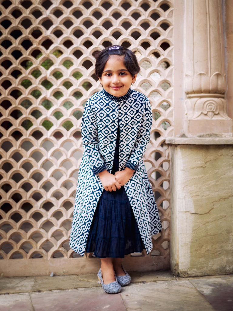 Keyhole Neck Jacket Style Multi Layered Indo Western Dress For Baby Girl