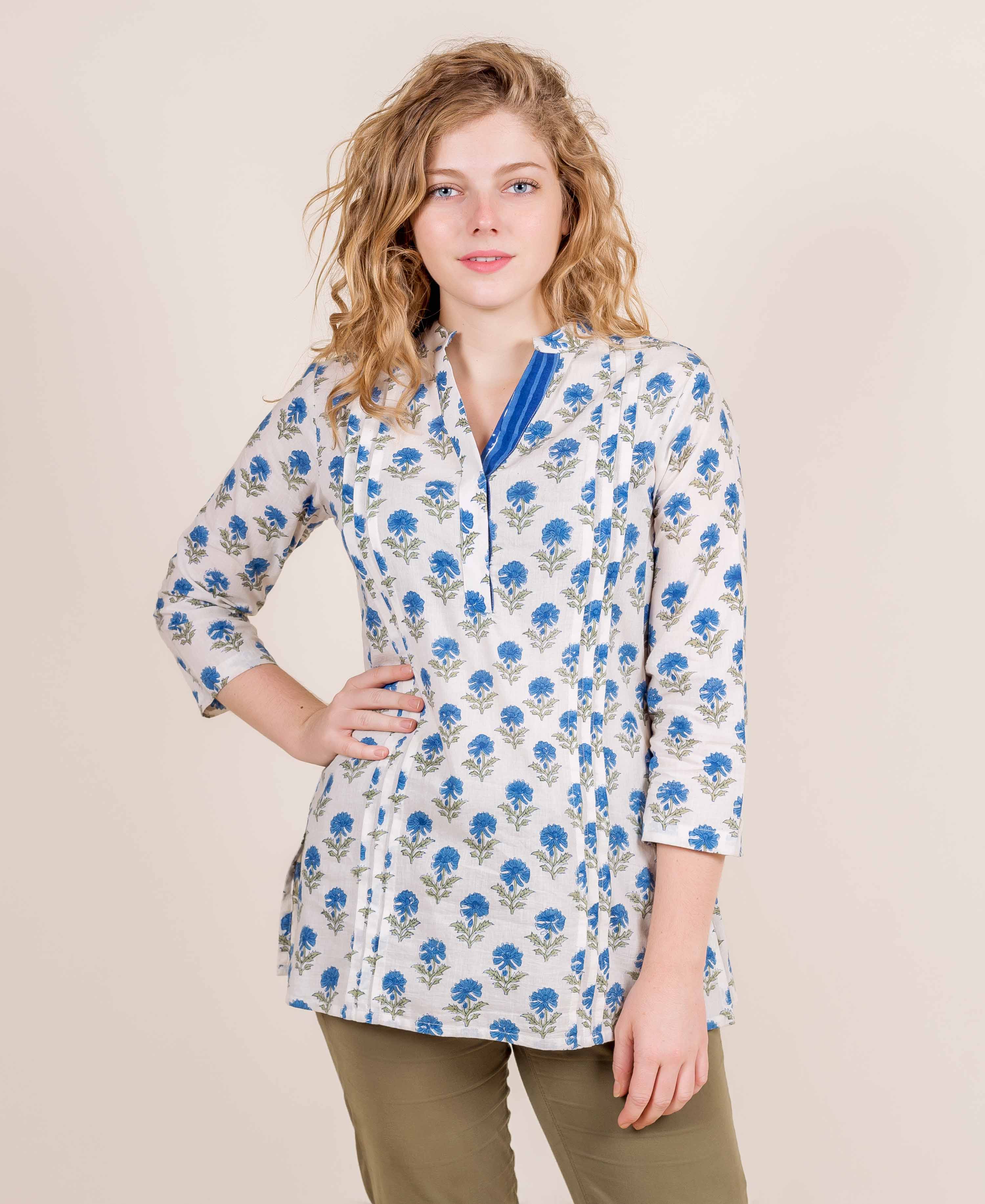 White And Blue Pleated Hand Block Printed Short Kurta Top