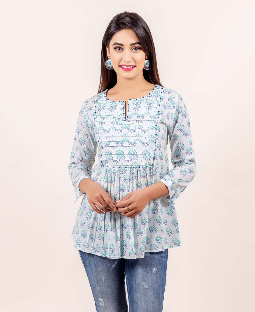 White and Aqua Hand Block Printed Cotton Top with Bead Work