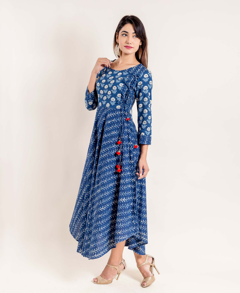 Indigo Angrakha Block Printed Indo Western Dress