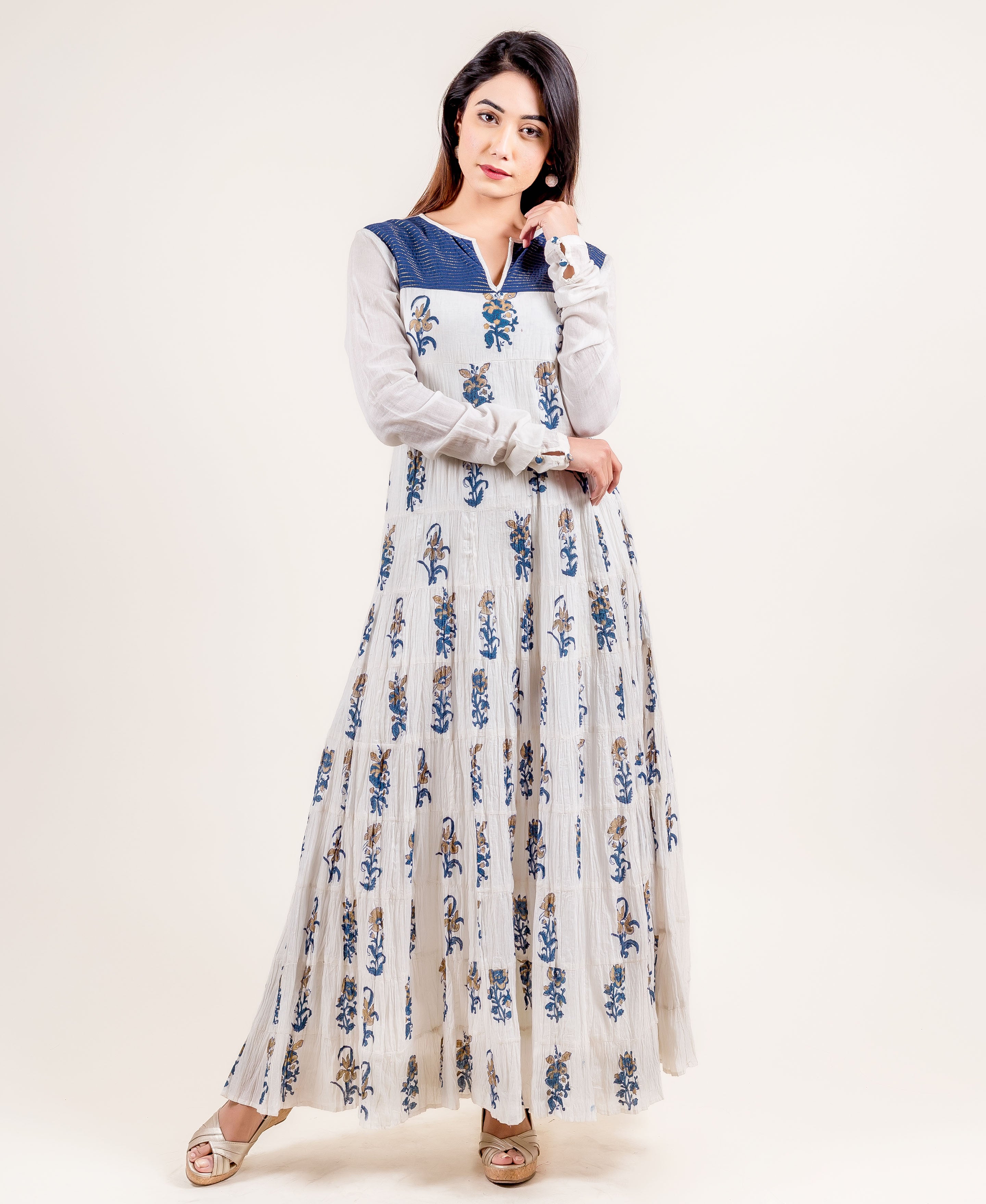 White / Blue Floral Indo Western Dress / Evening Gown
