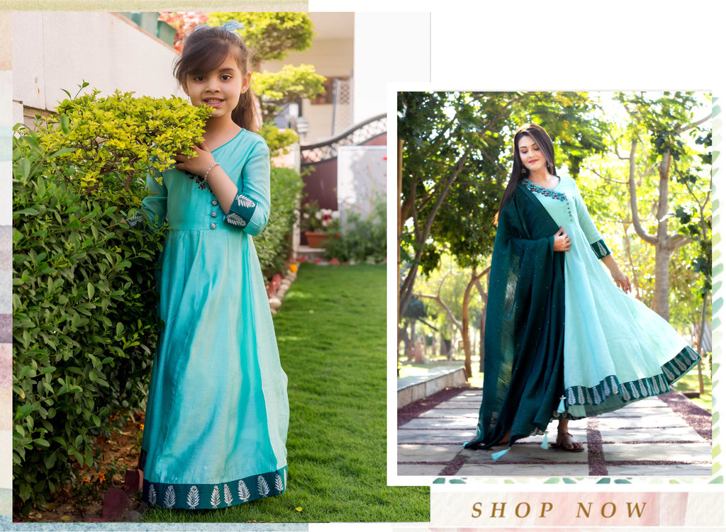 Noora Mint Green Hand Embroidered Angrakha Style Dress for Mommy and Baby Girl