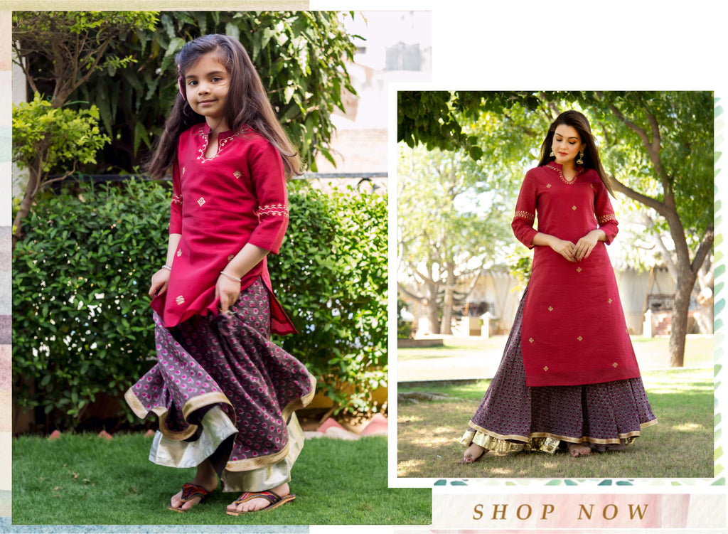 Maroon Embroidered Chanderi Skirt Set for Mommy and Baby Girl