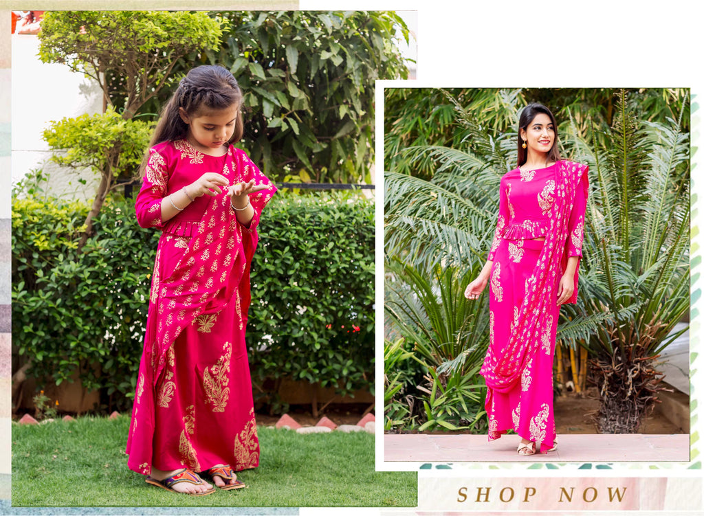 Fuchsia and Gold Printed Top with Saree Skirt for Mommy and Baby Girl