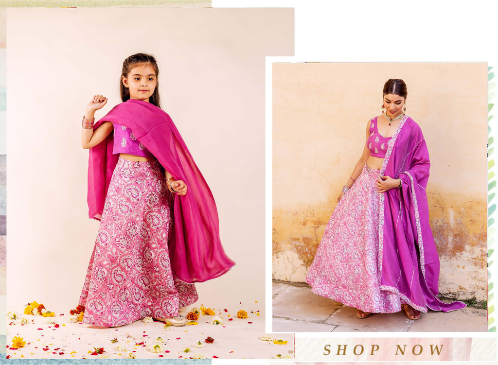 Aarzoo Pink and Purple Hand Block Printed Lehenga Set for Mommy and Baby Girl