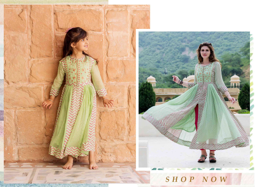 Mint Green Chiffon Anarkali Dress for Mommy and Baby Girl