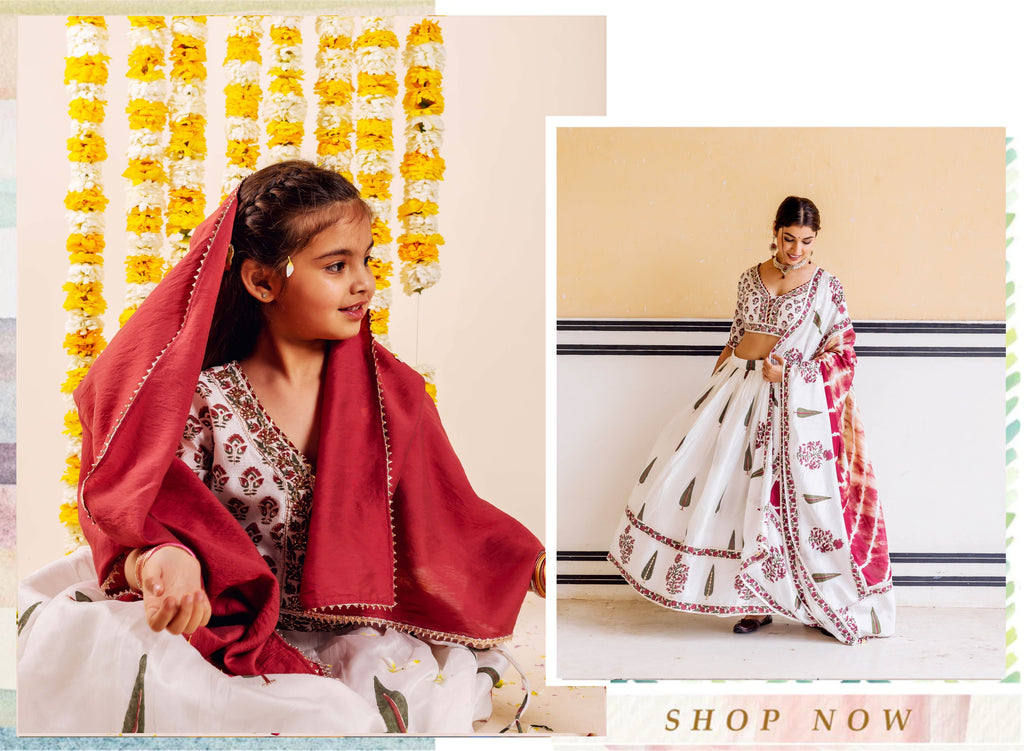 Nayab Hand Block Printed and Embroidered Lehenga Set for Mommy and Baby Girl