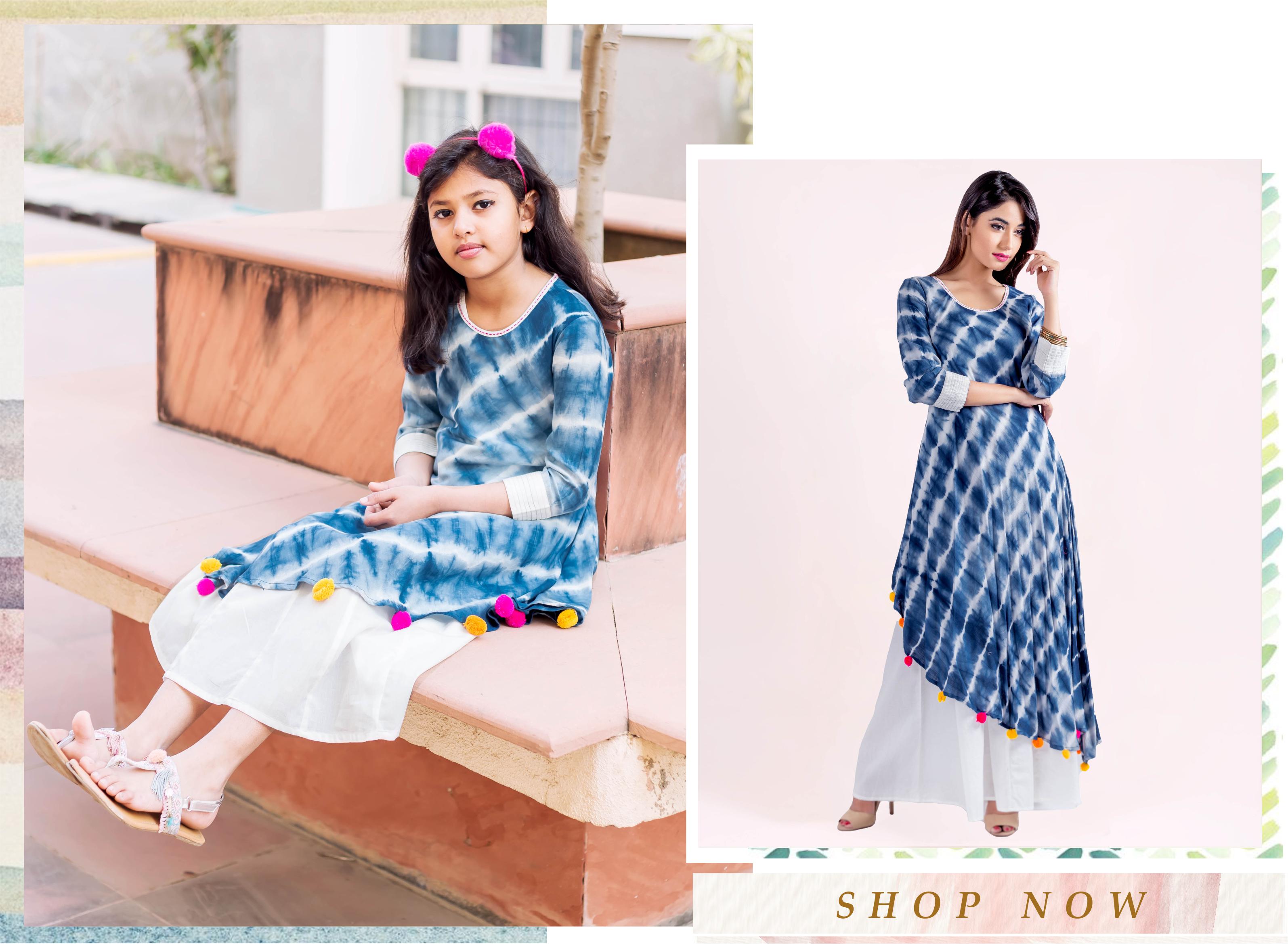 Blue Tie and Dye Indo Western Kurta Dresses