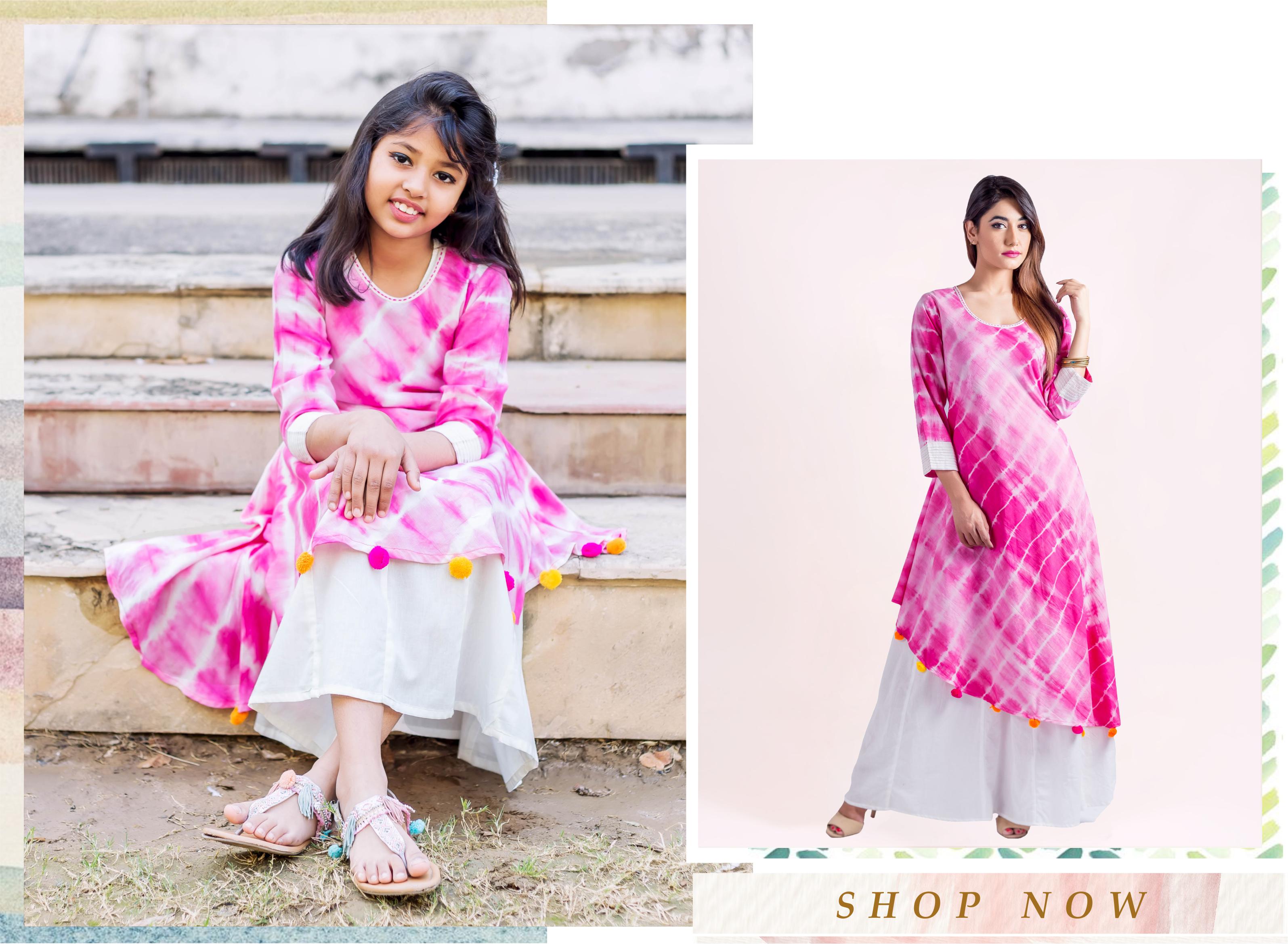Cotton Tie Dye Asymmetrical Kurta Dress In Pink And White