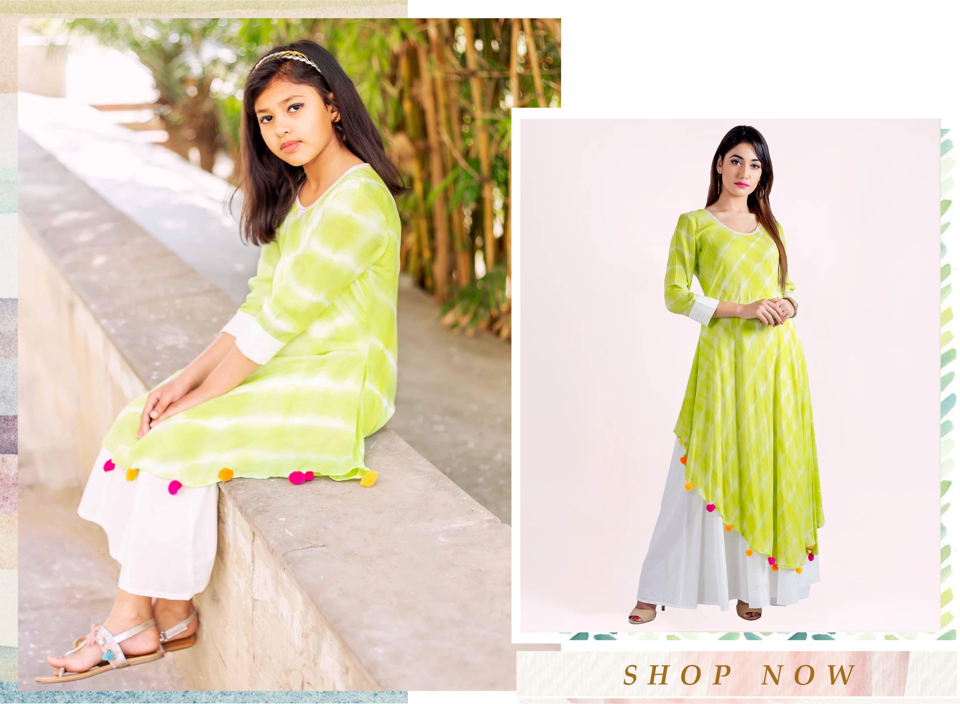 Asymmetrical Lime Tie And Dye Indo Western Dress