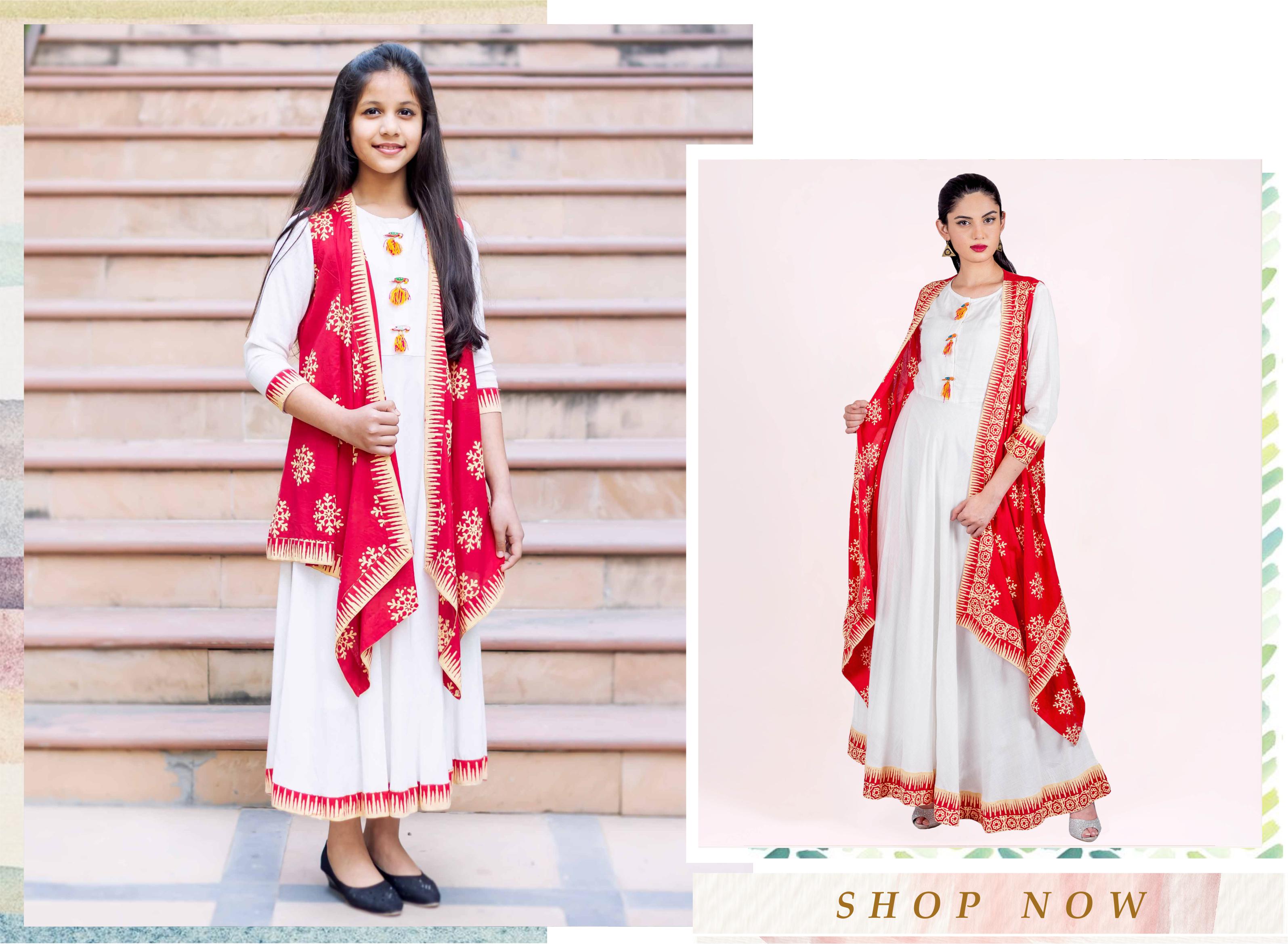 Vermilion/ White Indo Western Maxi Dress with Waterfall Shrug