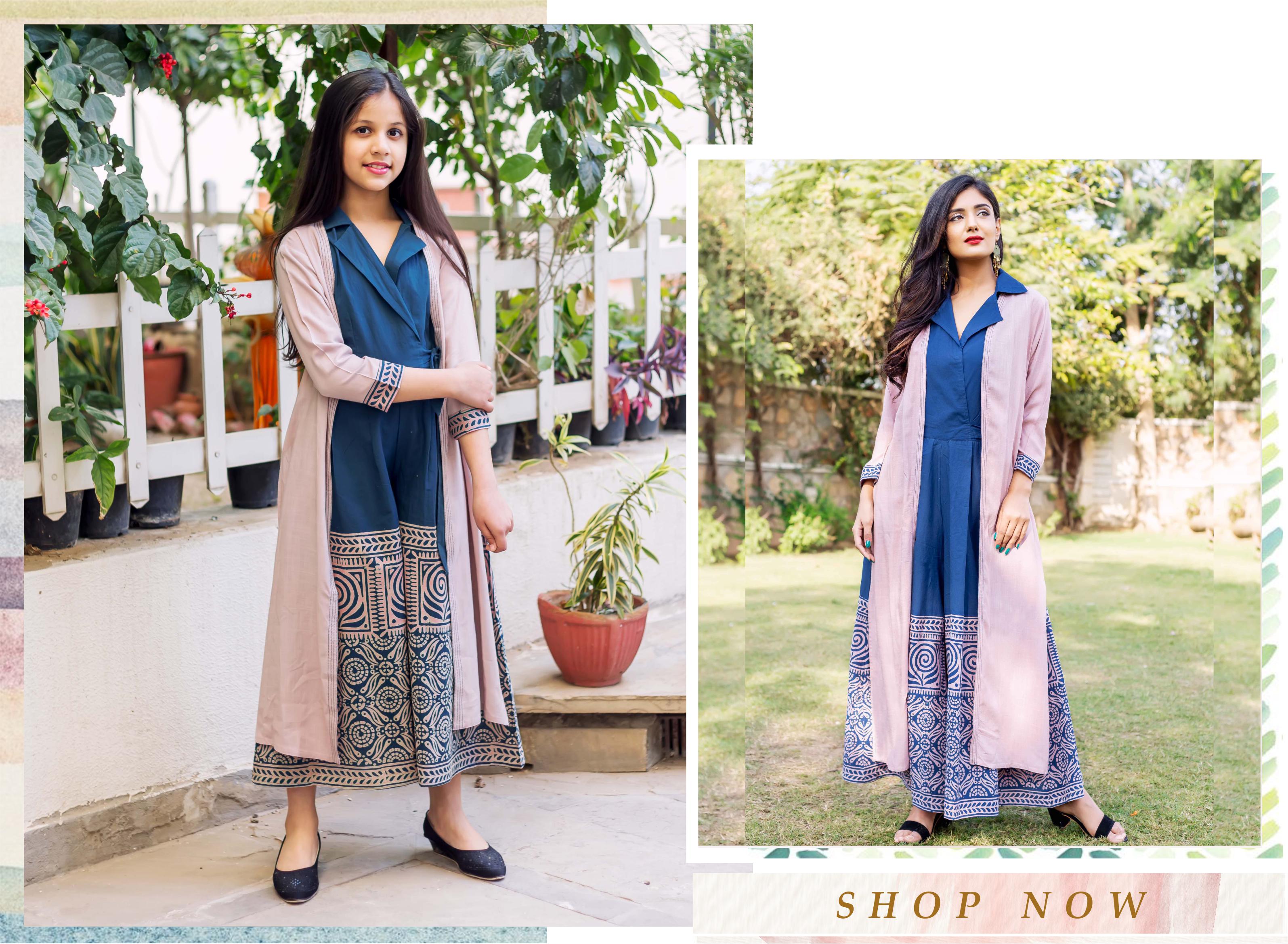 Block Printed Indigo Blue and Pink Sleeveless Jumpsuit With Jacket