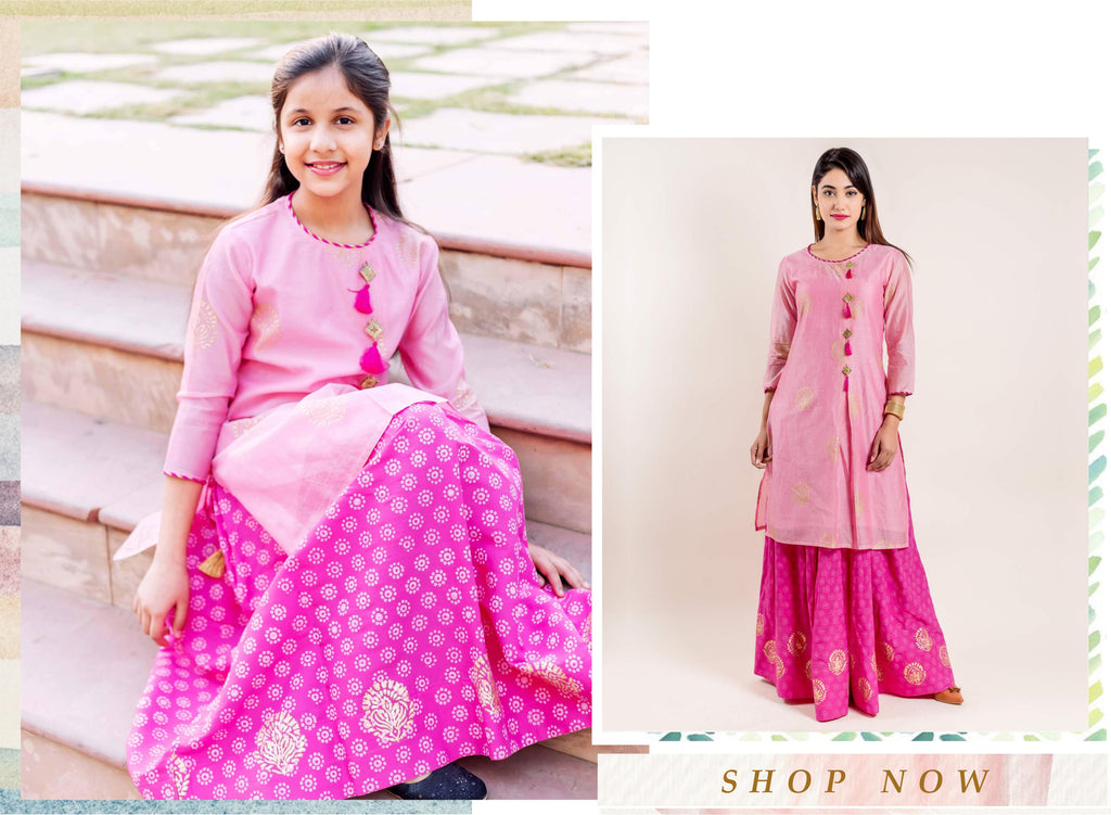 Pink Chanderi Kurta with Hand Block Printed Skirt