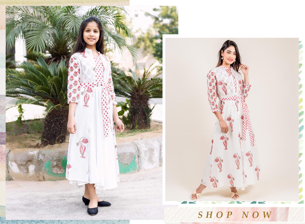 Printed Ivory Chanderi Jacketed Long Indo Western Dress