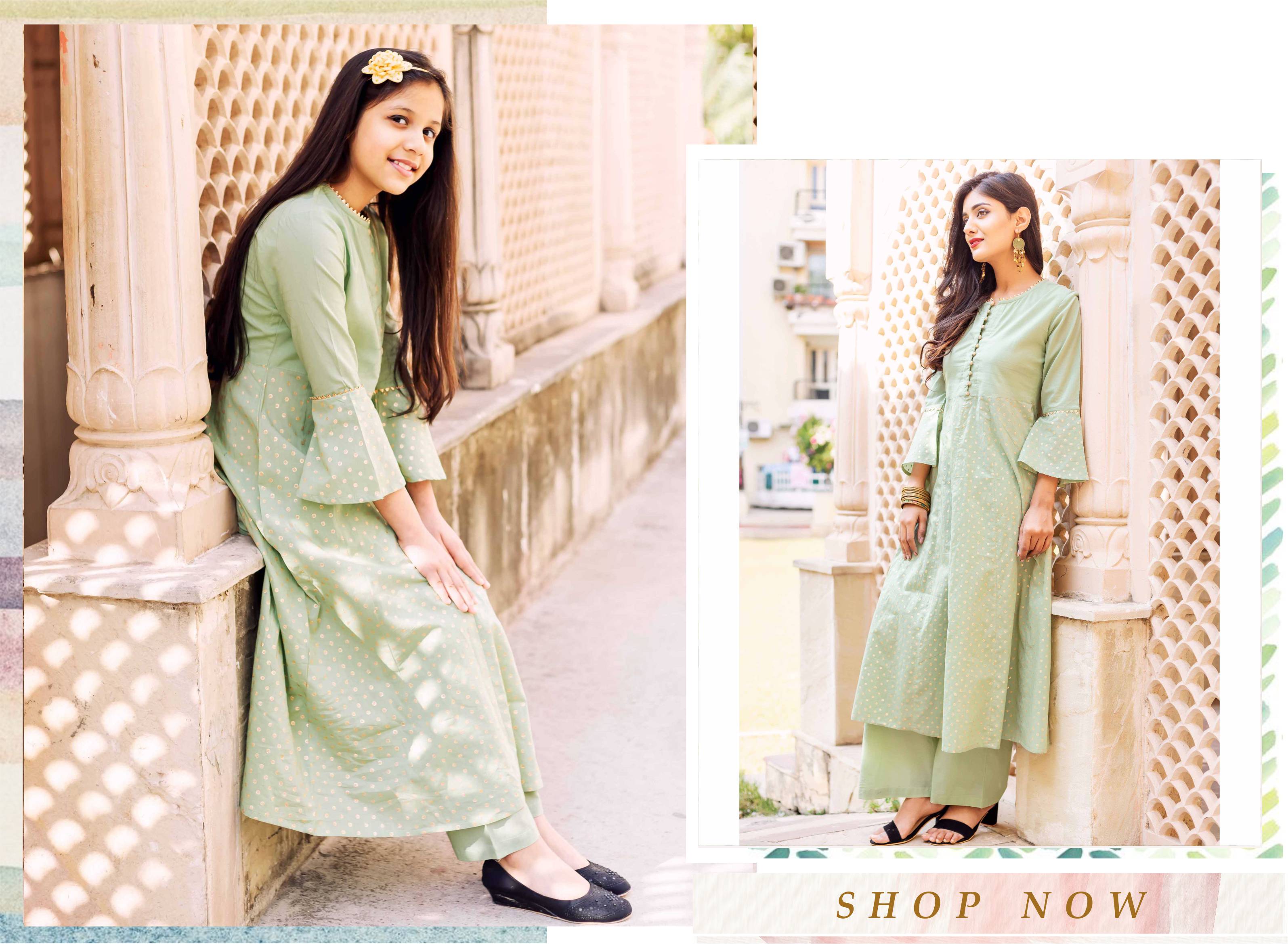 Mint Green Golden Hand Block Printed Kurta Set with Palazzo