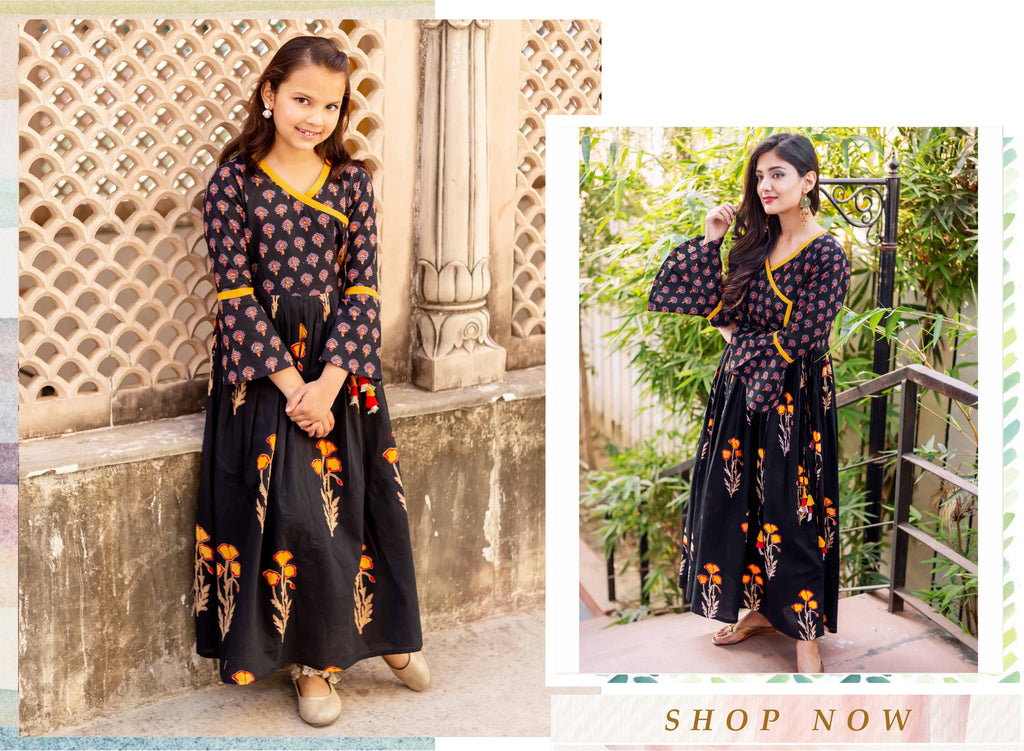 Black Cotton Printed Bell Sleeves Angrakha Dress Online