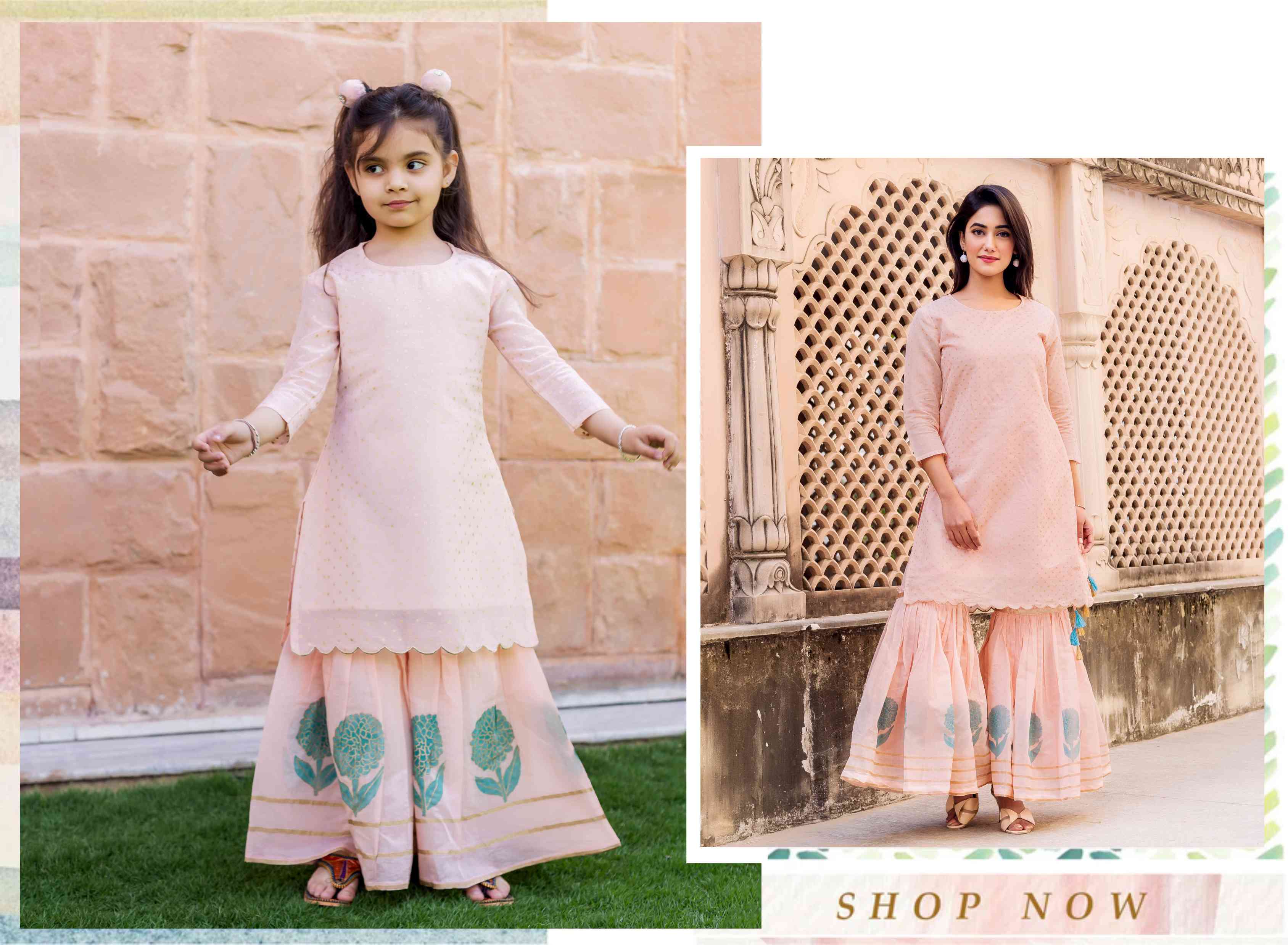 Nirvi Peach Polka Printed and Embroidered Set For Mommy and Baby Girl