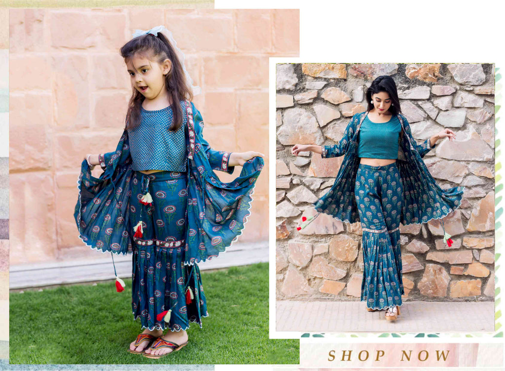 Peacock Blue Hand Block Printed Sharara Set for Mommy and Baby Girl