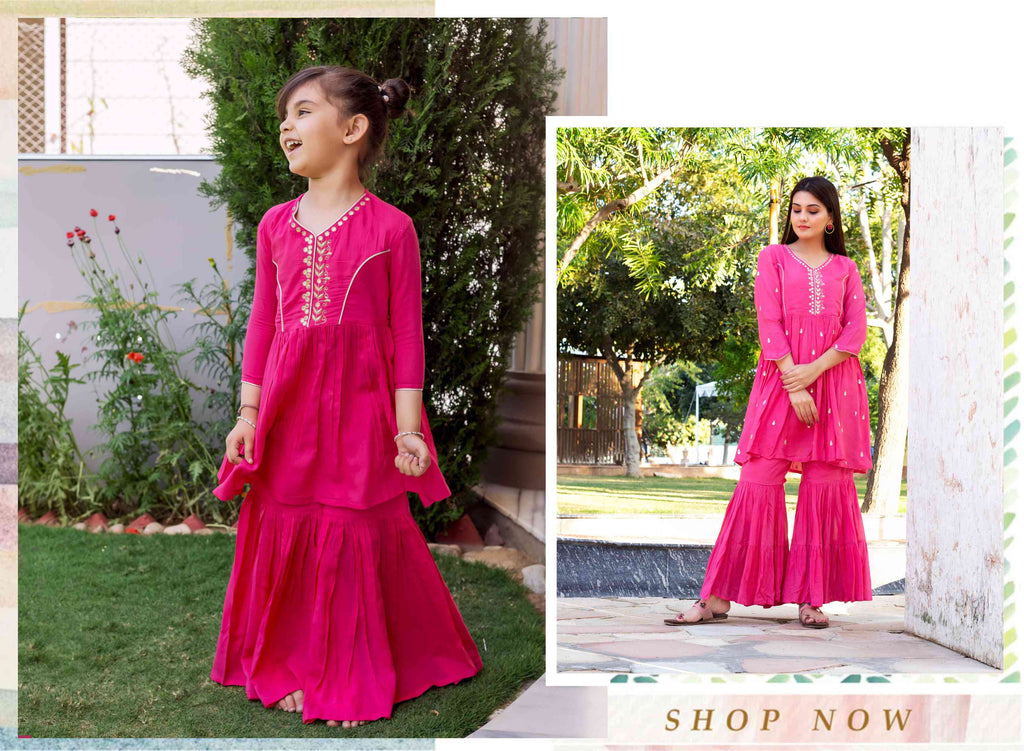 French Rose Hand Embroidered Kurta for Mommy and Baby Girl