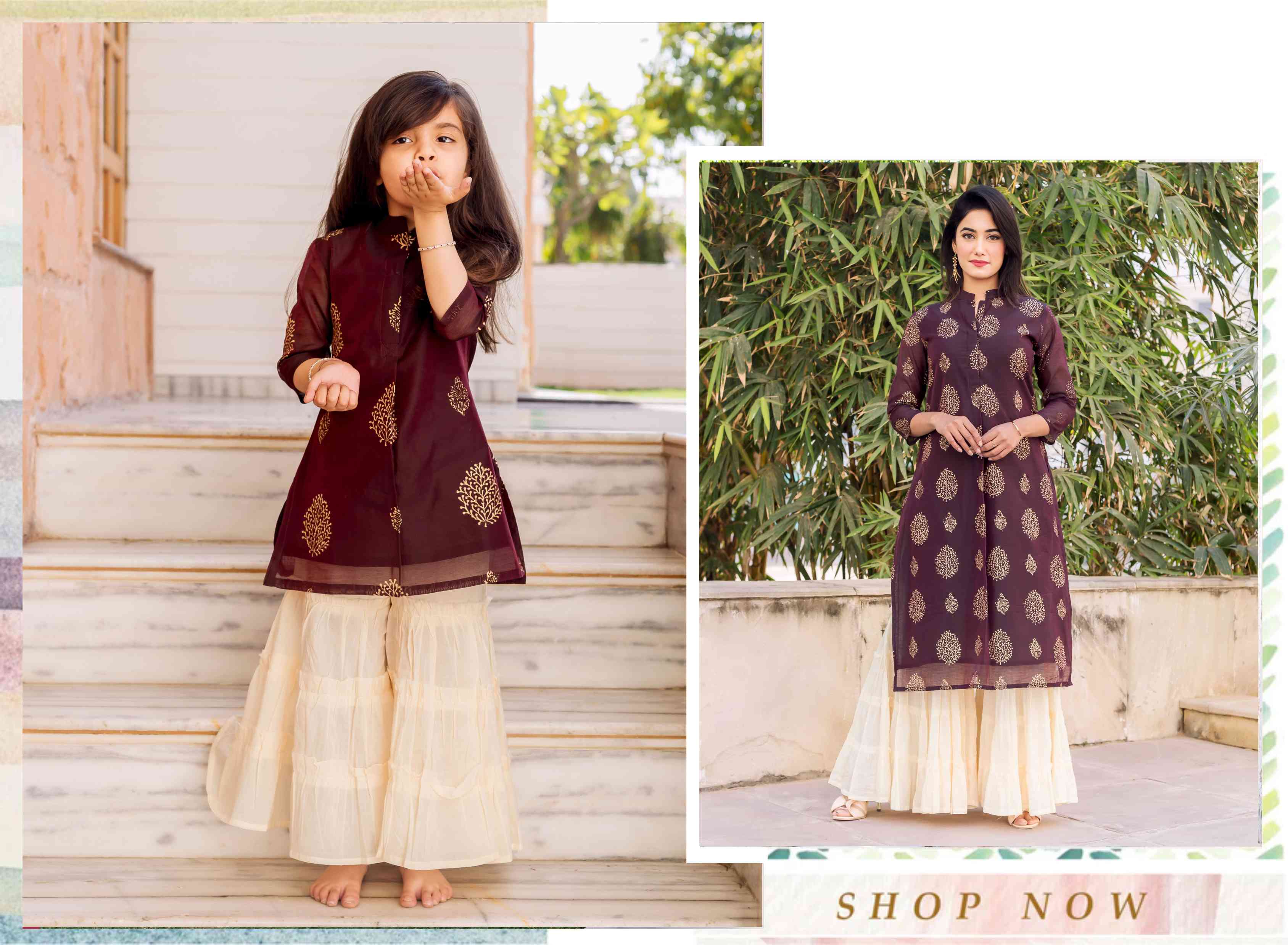 Wine and Crème Gold Printed Sharara Kurta Mommy & Baby Girl
