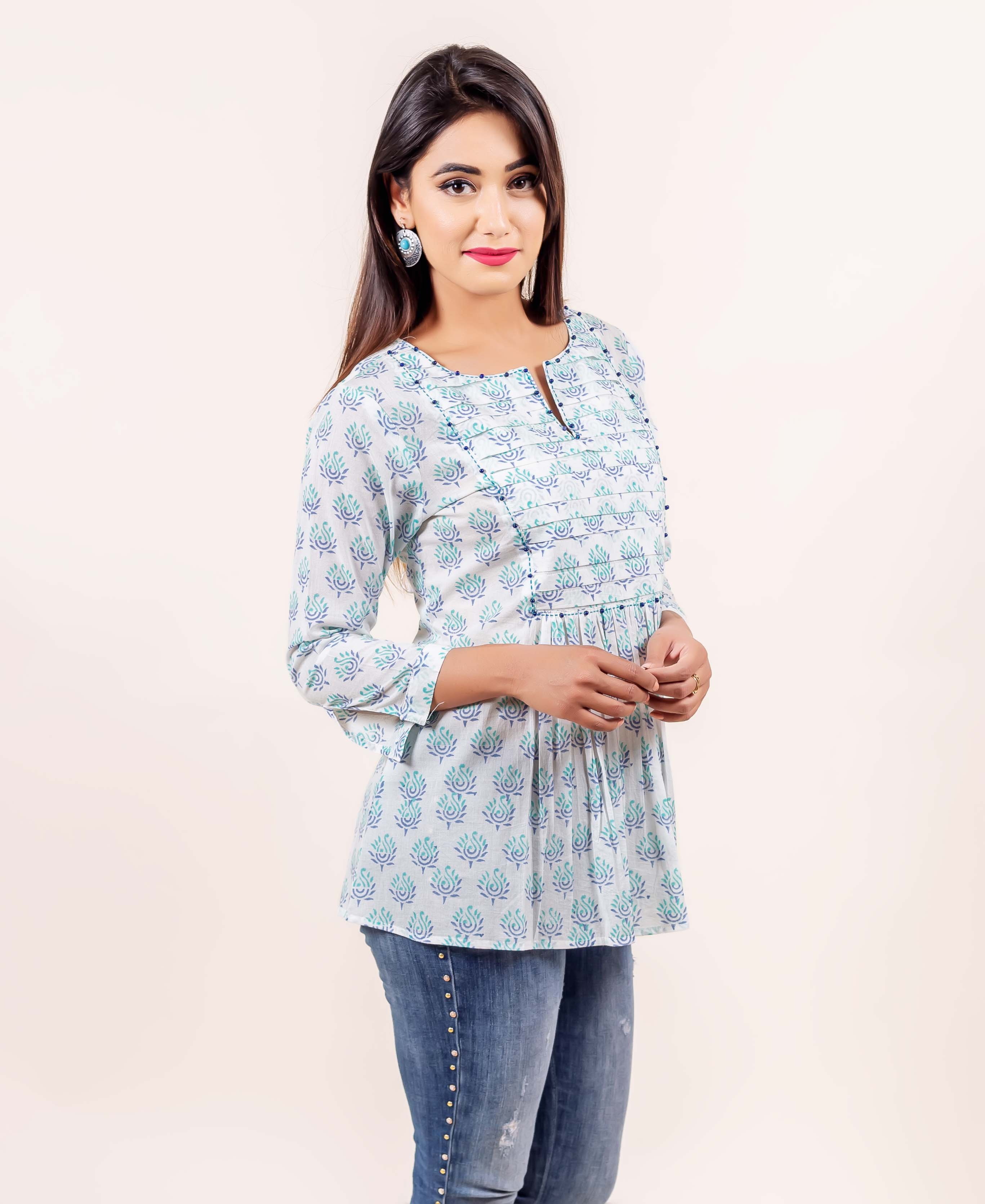 Aqua Blue Hand Block Printed top online