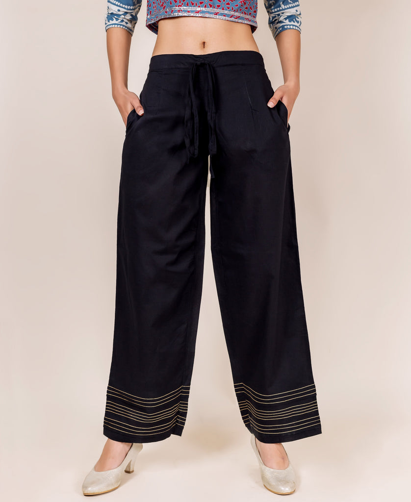 Buy Black Linen Elasticated Wide Leg Formal Trouser Online | FableStreet