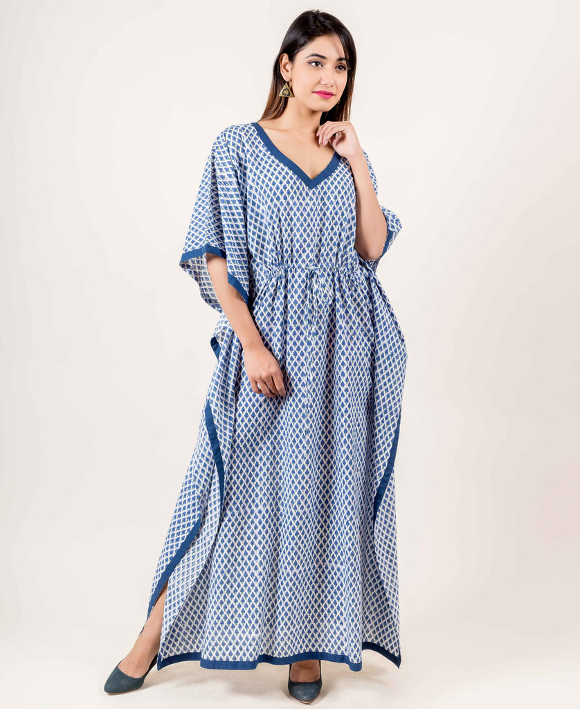 White And Blue Kaftan Dress With Adjustable Waist Line