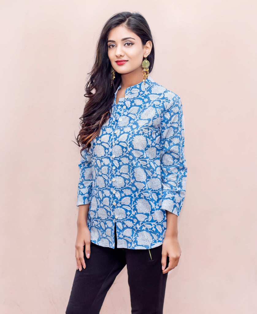Blue and White Button Down Block Printed Cotton Tops online shopping