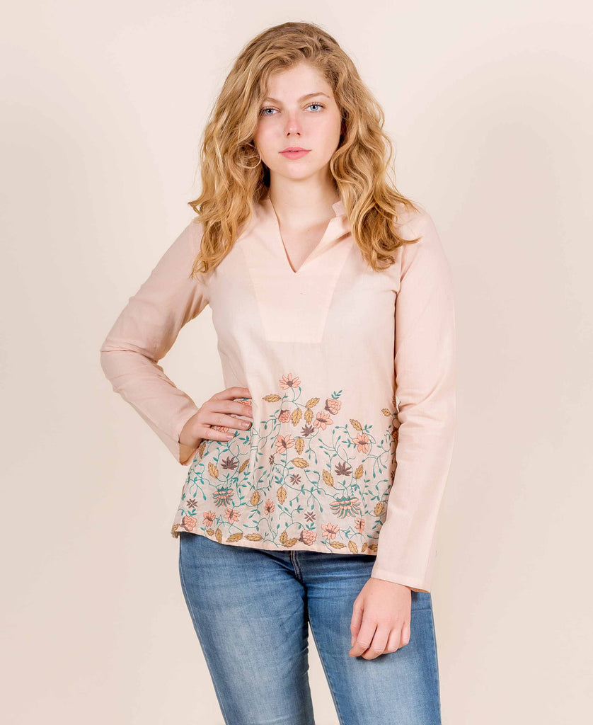 Cotton Pink Multi Coloured Embroidered Short Top