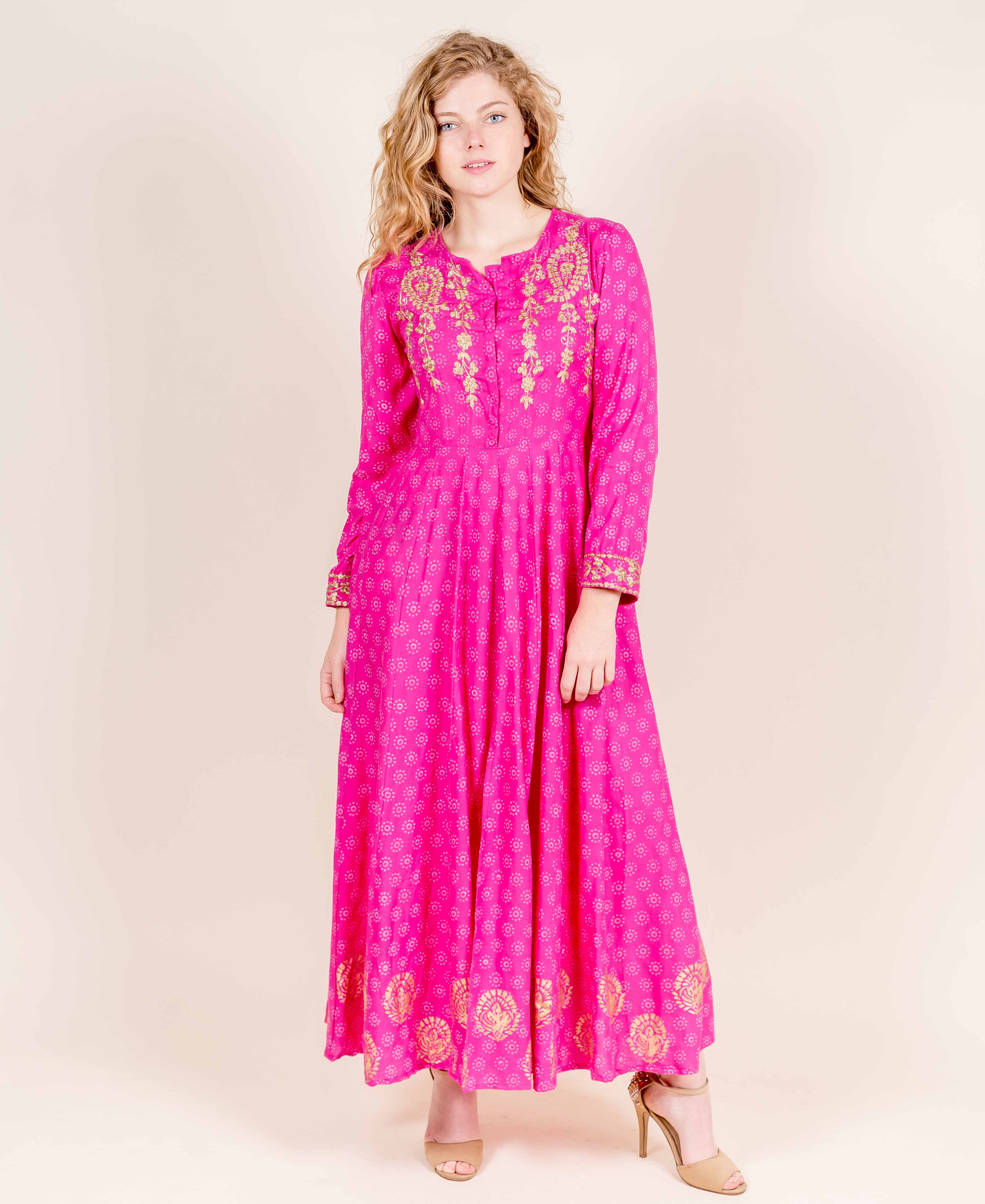 Full Sleeves Fuchsia Flared Hand Block Printed Rayon Dresses