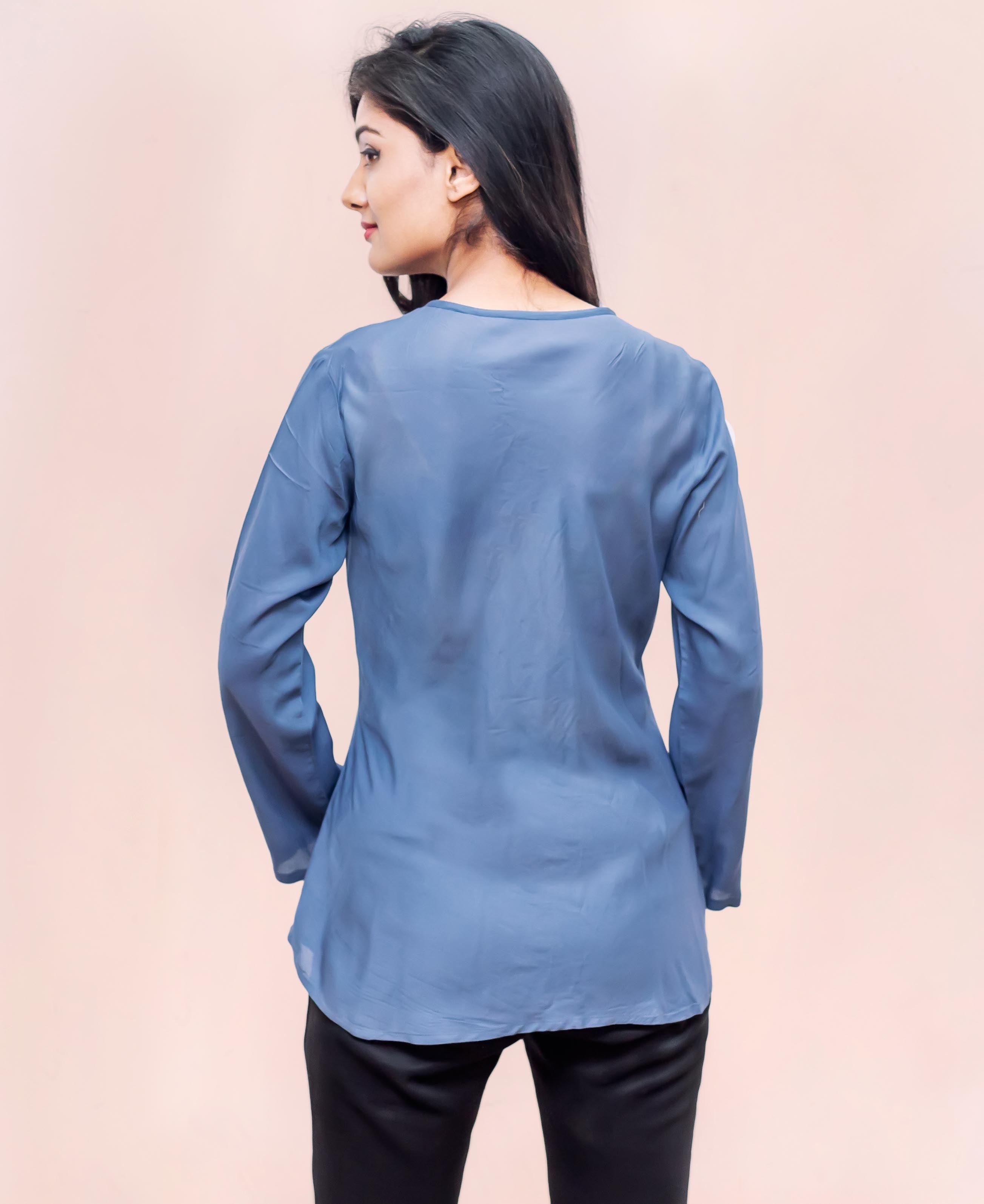 Full Sleeves Button Down Blue Shirt Style Top for girls online