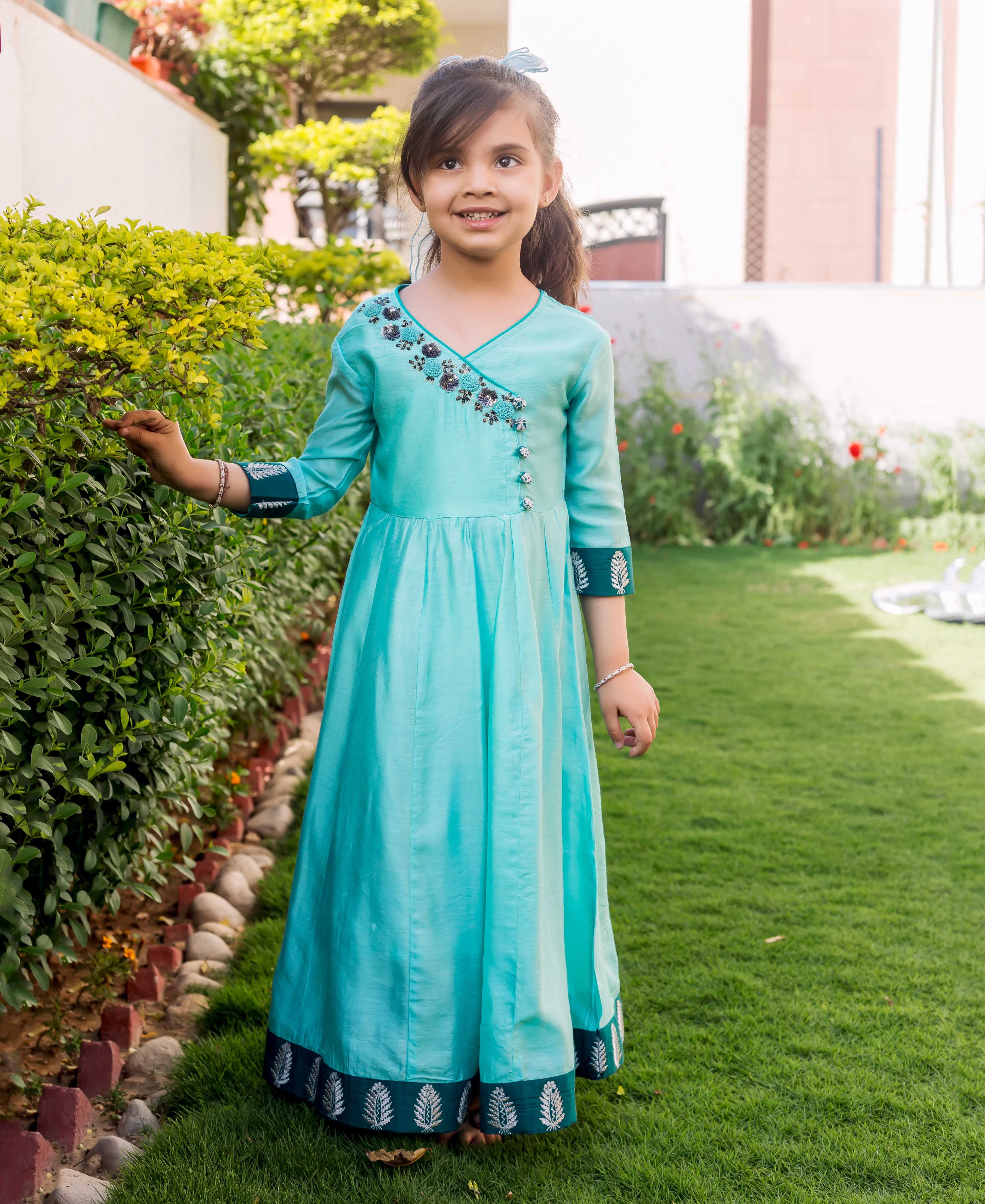 Mint Green Hand Embroidered Angrakha Style Dress – MISSPRINT