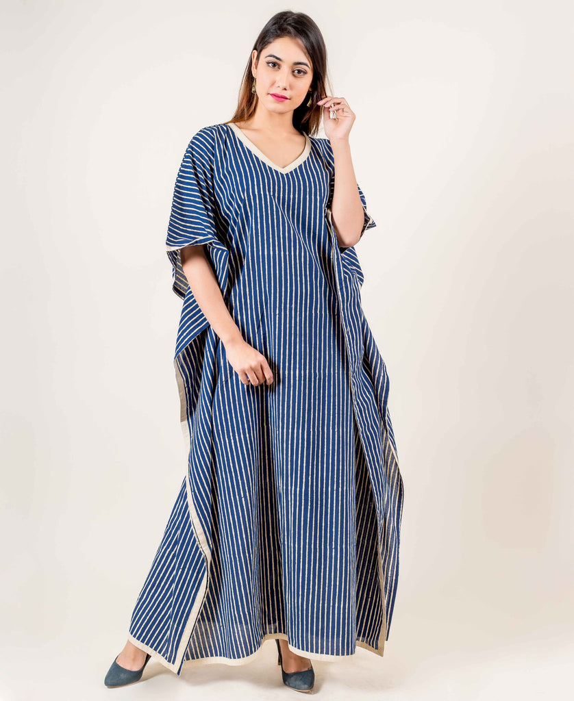 Striped Blue And Off-White Hand Block Printed Kaftan