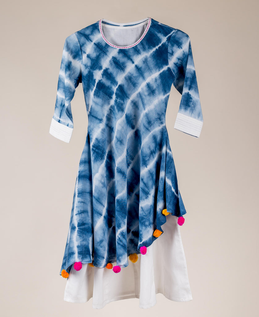 Cotton Tasseled Tie-Dye Asymmetrical Style Indian Traditional Kurta Dress For Baby Girl