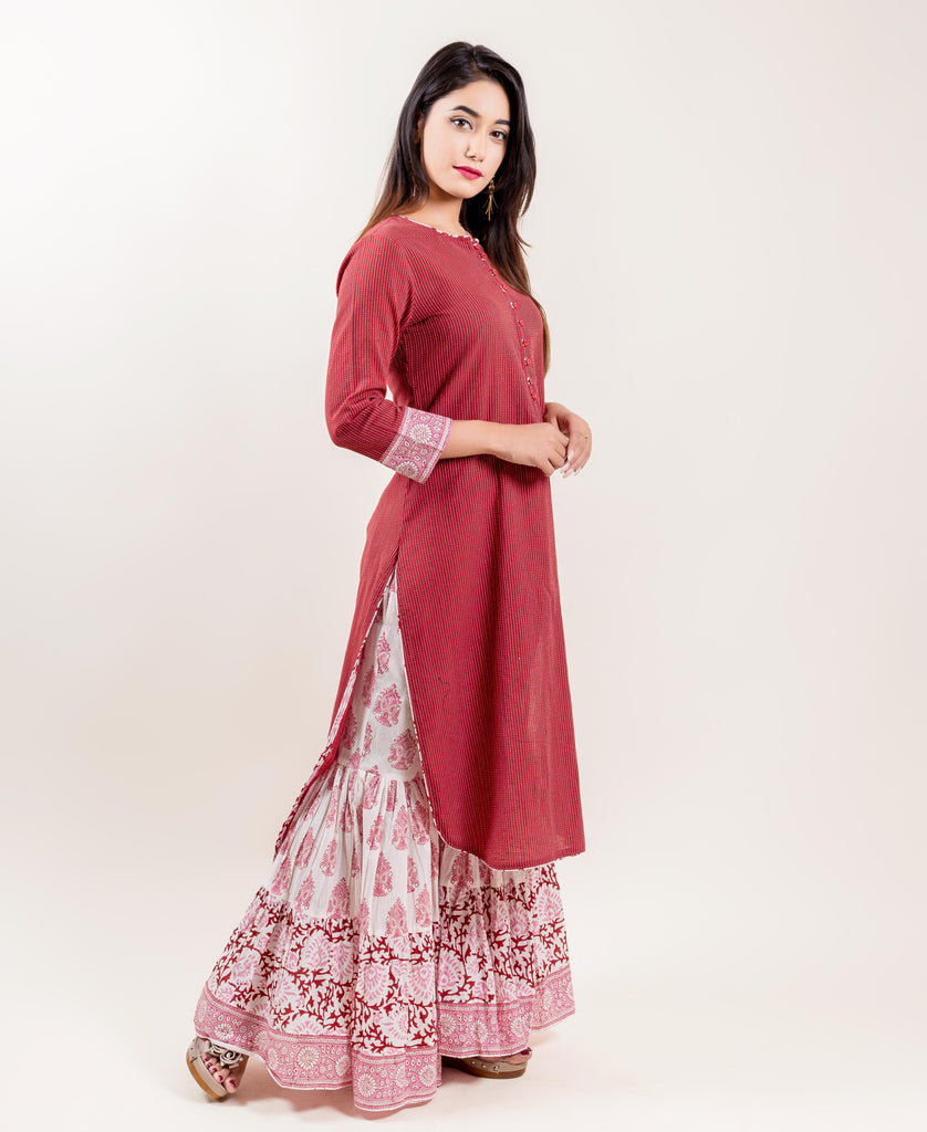 White And Maroon Quarter Sleeves Cotton kurti with Palazzos online for women