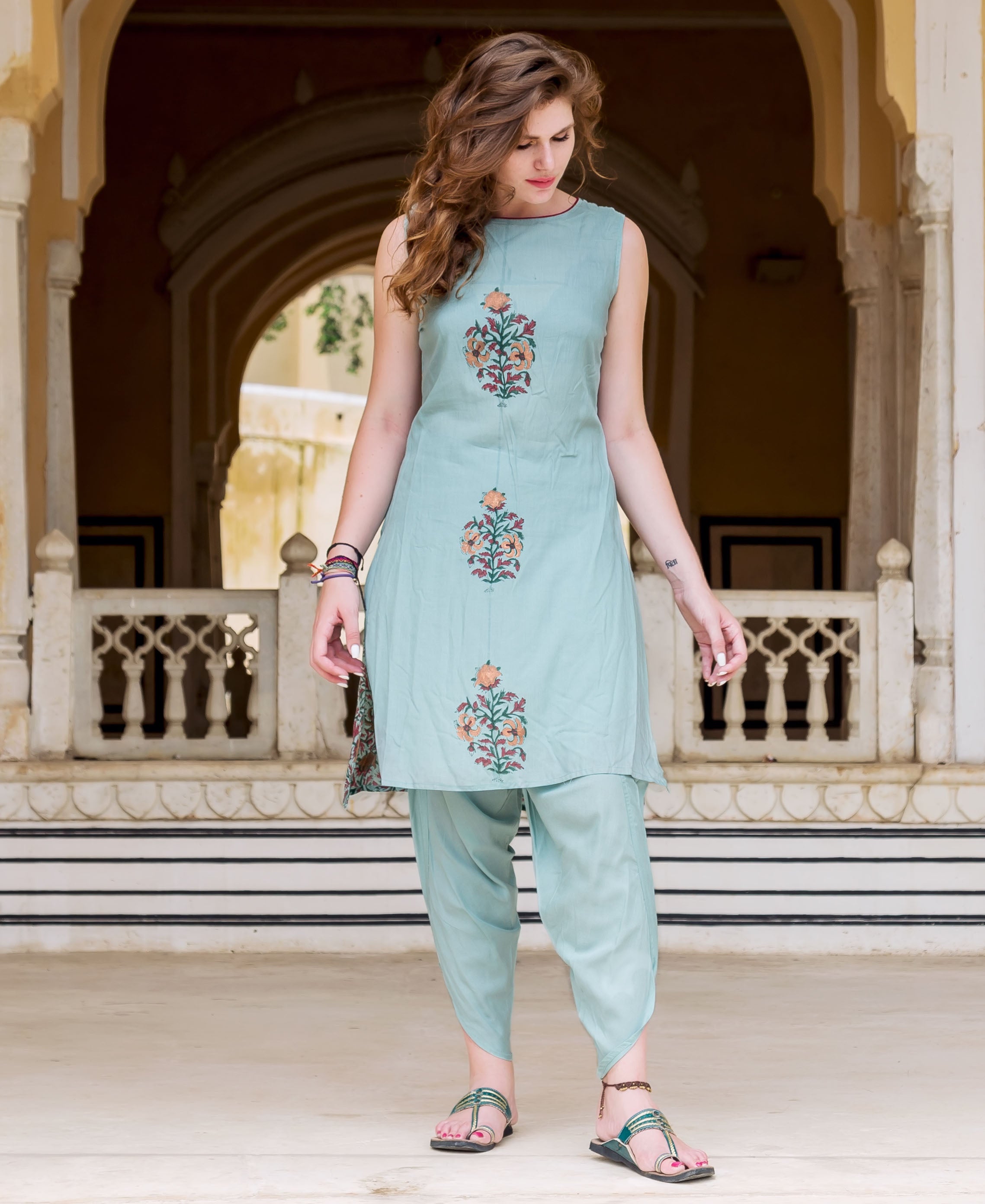 Pre Order: Beautiful Floral Thread Work Kurti And Jacket With Dhoti |  Little Muffet