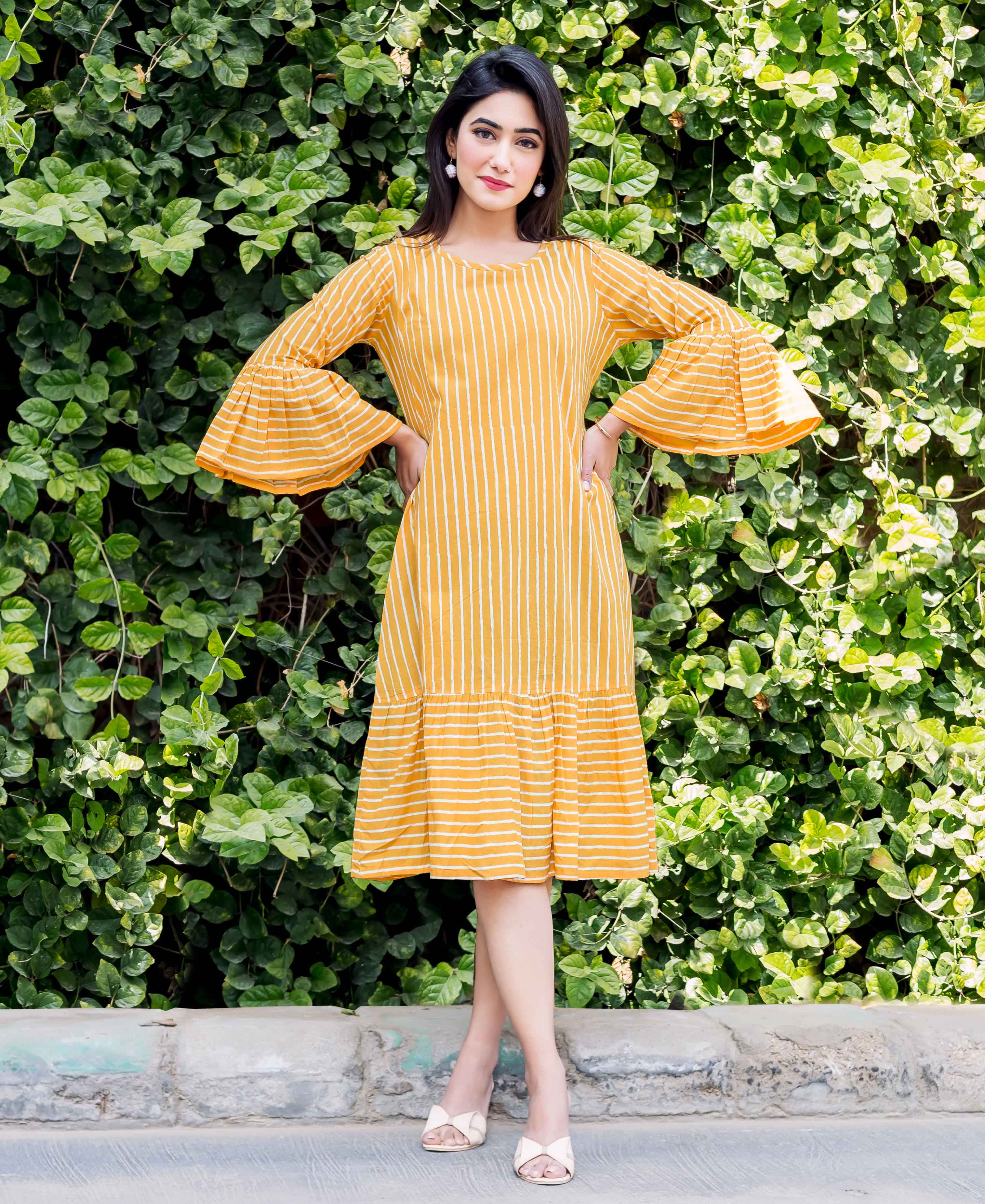 Stripped Hand Block Printed Dress with Bell Sleeves  MISSPRINT