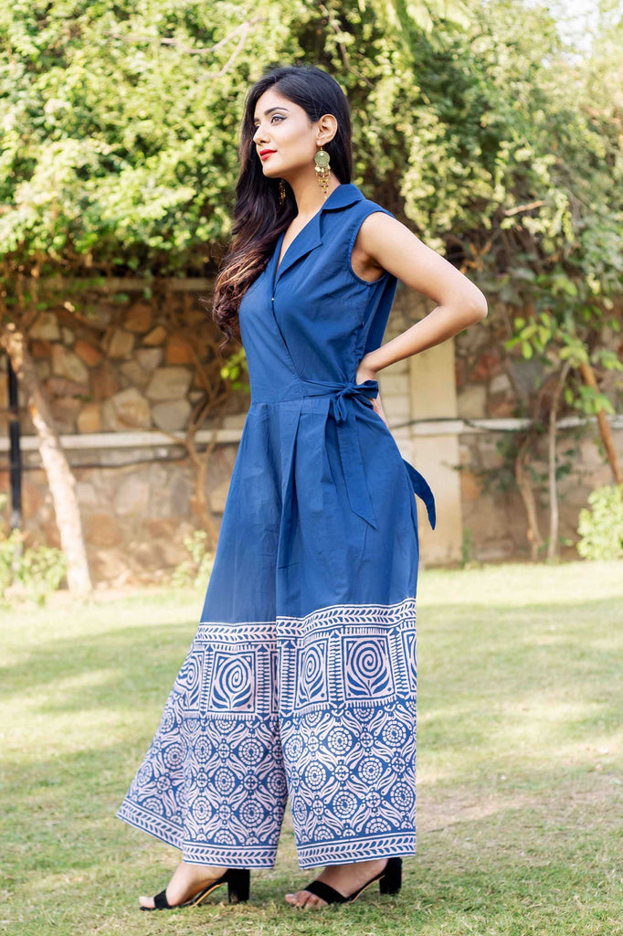 Perfect Fit Indigo Blue Hand Block Printed Cotton Jumpsuits for women Online
