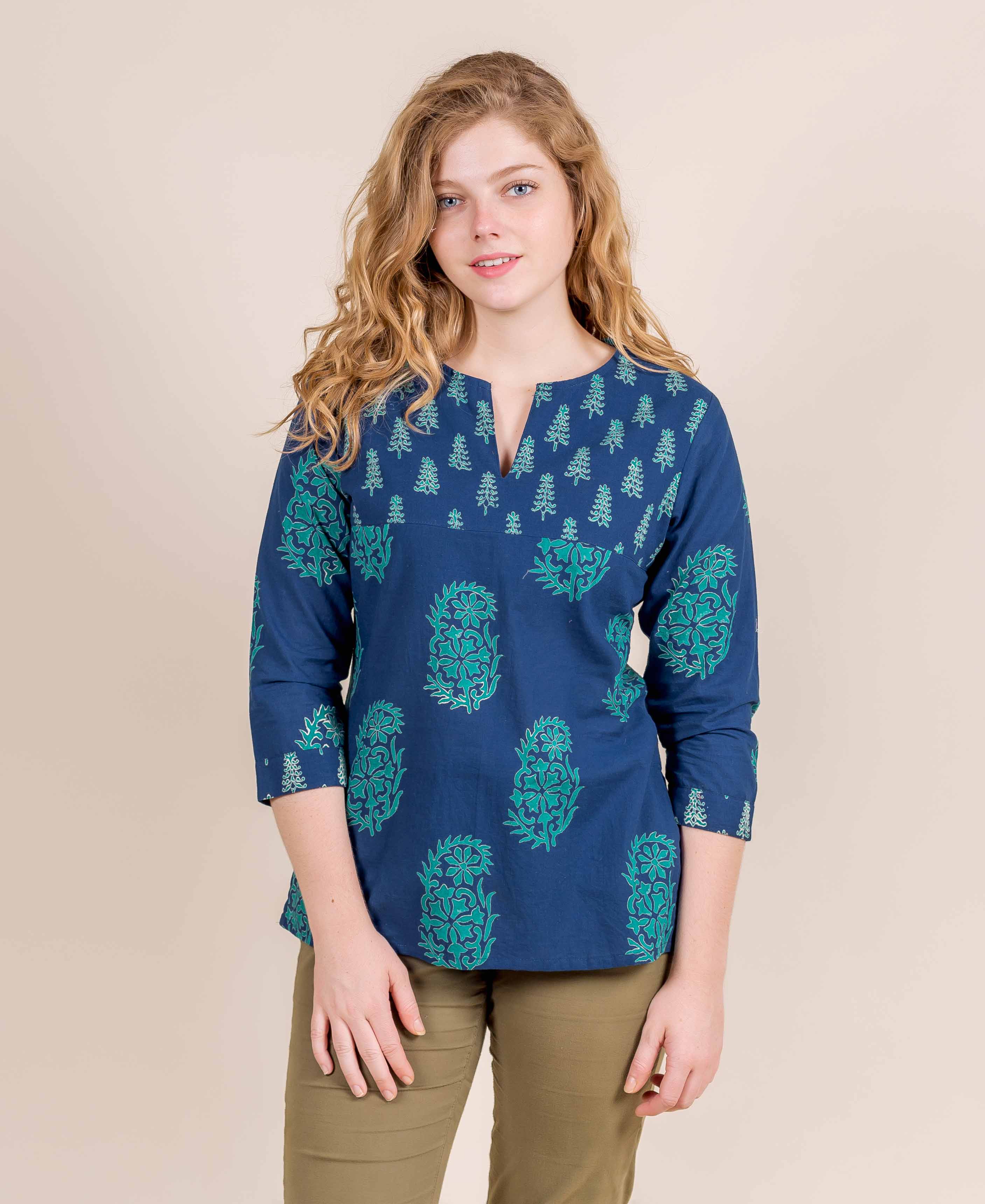 Princess Cut Crew Neck With Classy String And Beads Block Printed Short Kurta Top