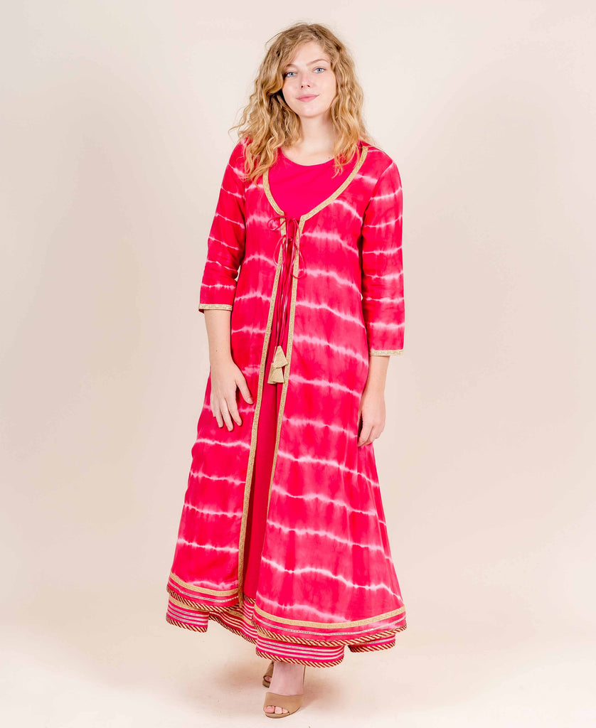 Red Double Layered Jacket Style Tie and Dye Dresses for women online