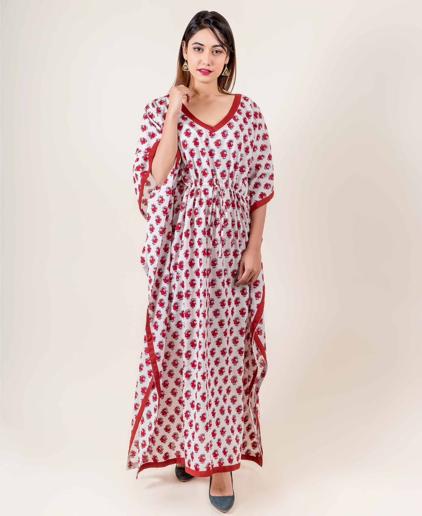 White And Red Hand Block Printed Kaftan Dress
