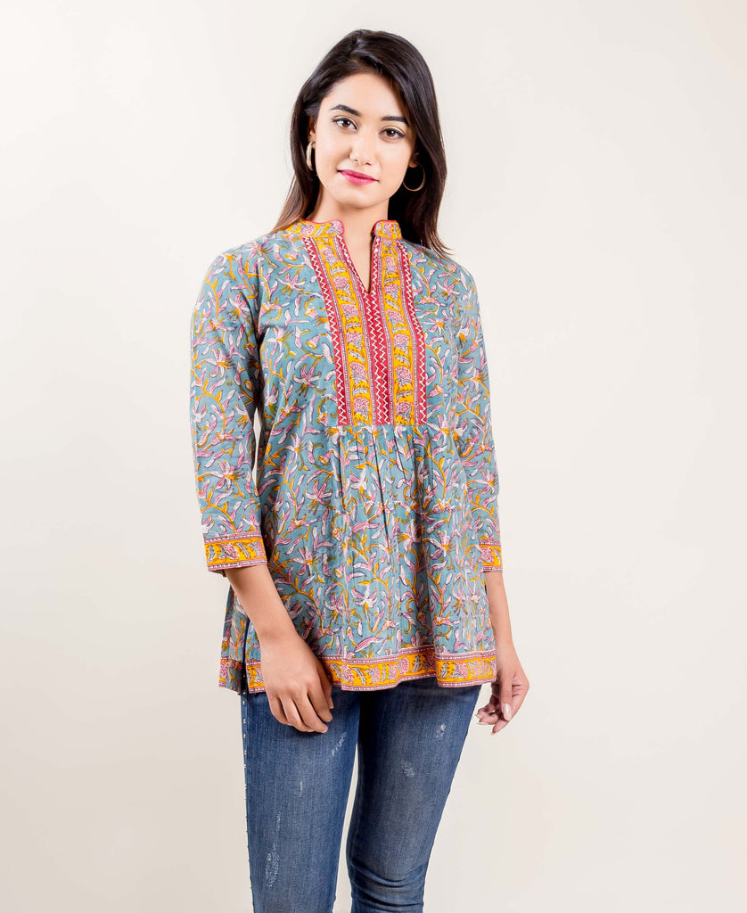 Hand Block Gathered Short Cotton Kurti Embellished With Embroidery