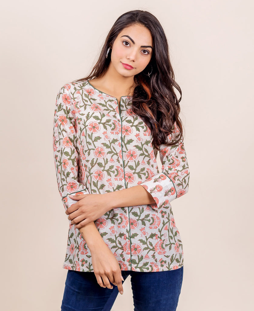 White and Pink Hand Block Printed Top – MISSPRINT