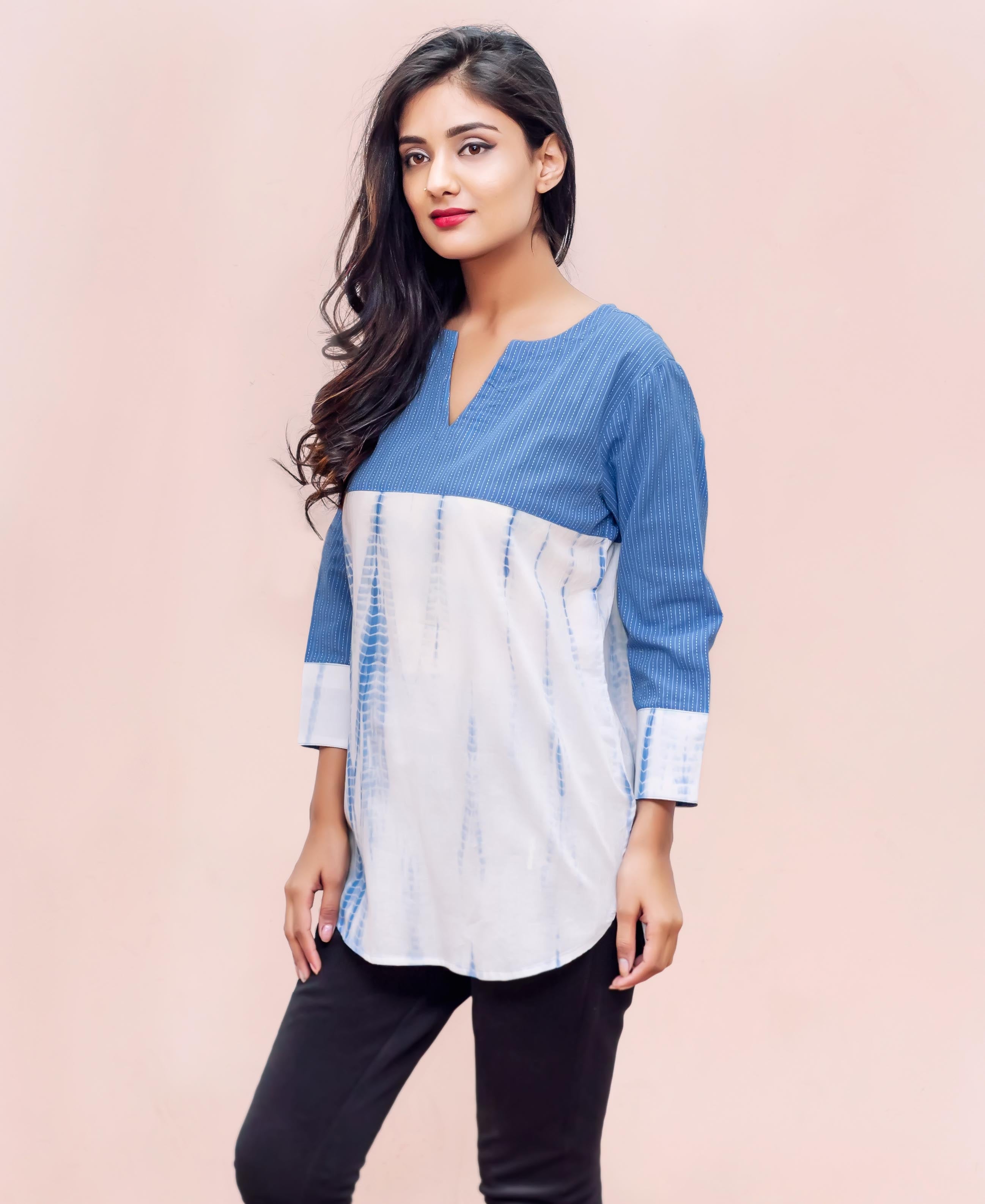 Tie-Dye Blue and White Cotton Ethnic Tops for womens online