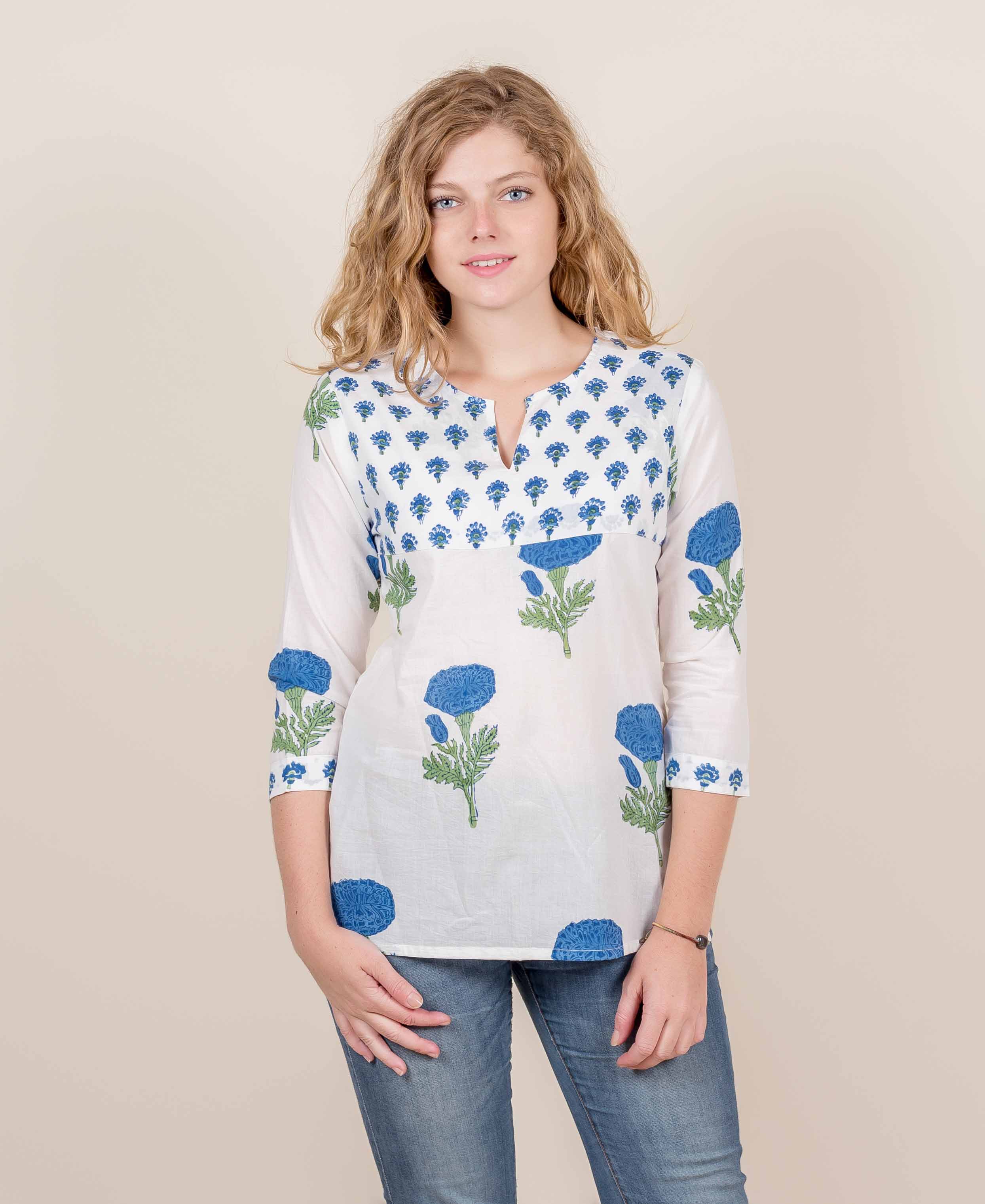 White And Blue Hand Block Printed Short Kurta Top