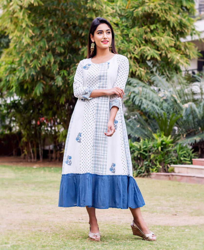 White and Blue Block Printed Dress online