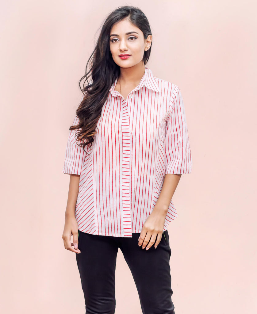 White and Red Rayon Strips Top Button Down