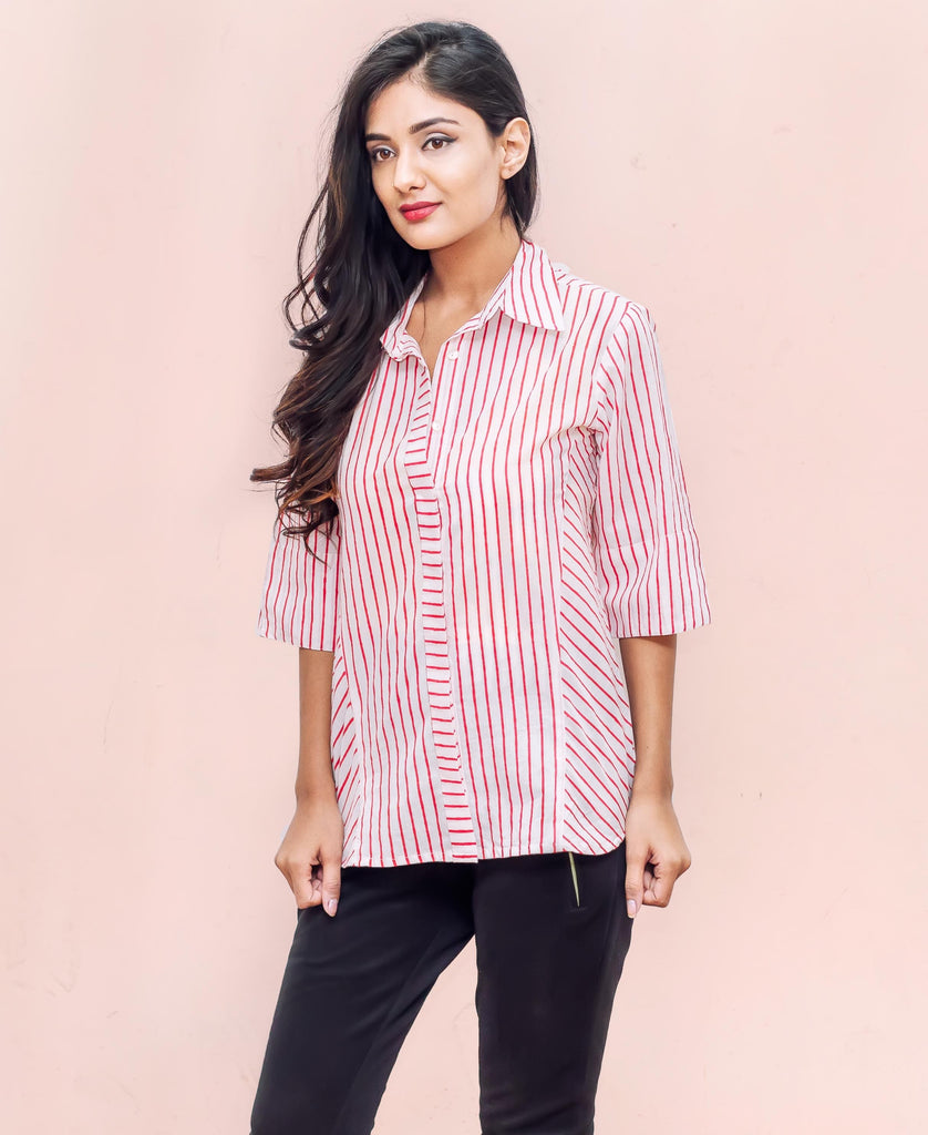 White and Red Rayon Strips Top Button Down